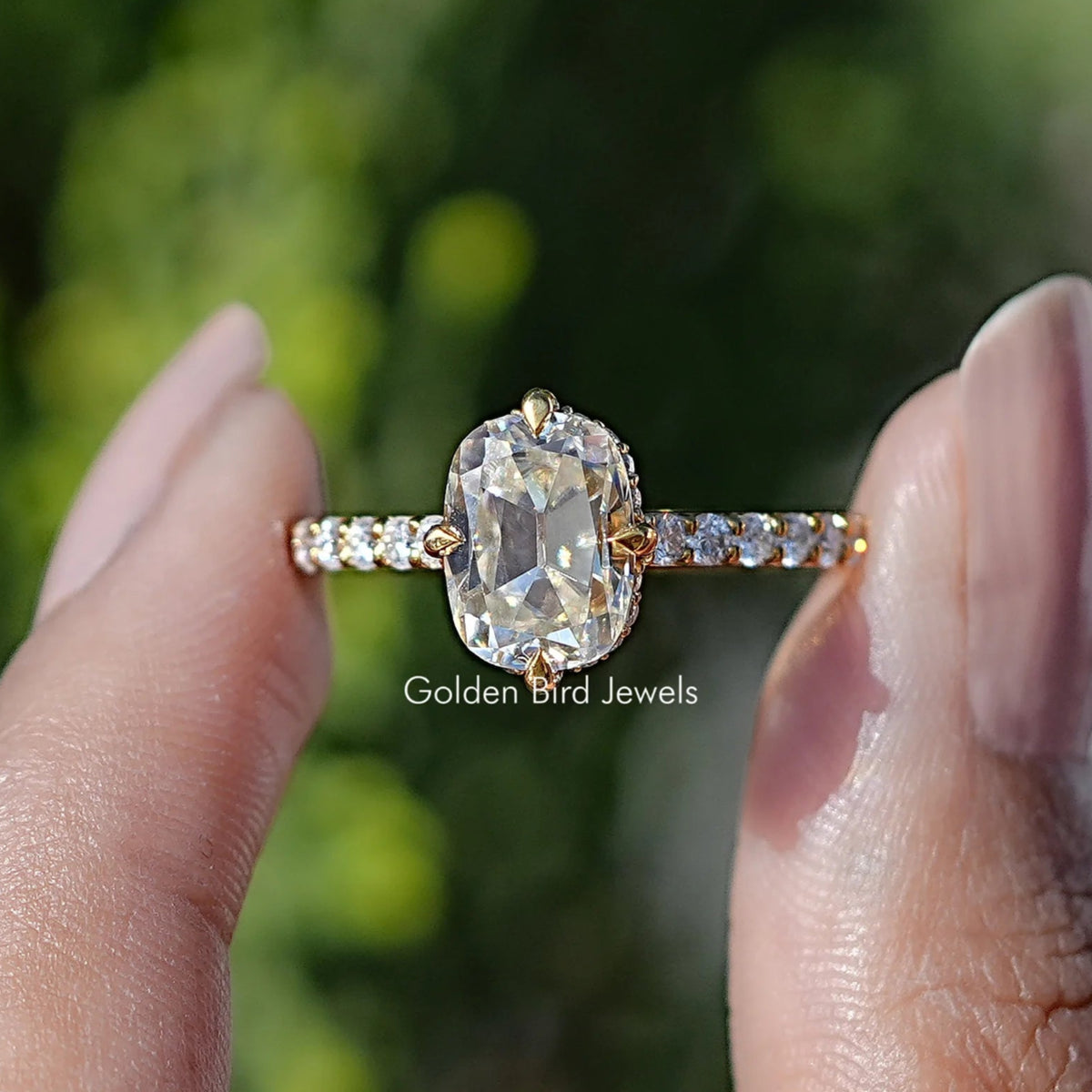 Front view of Old Mine Cushion Moissanite Solitaire Ring