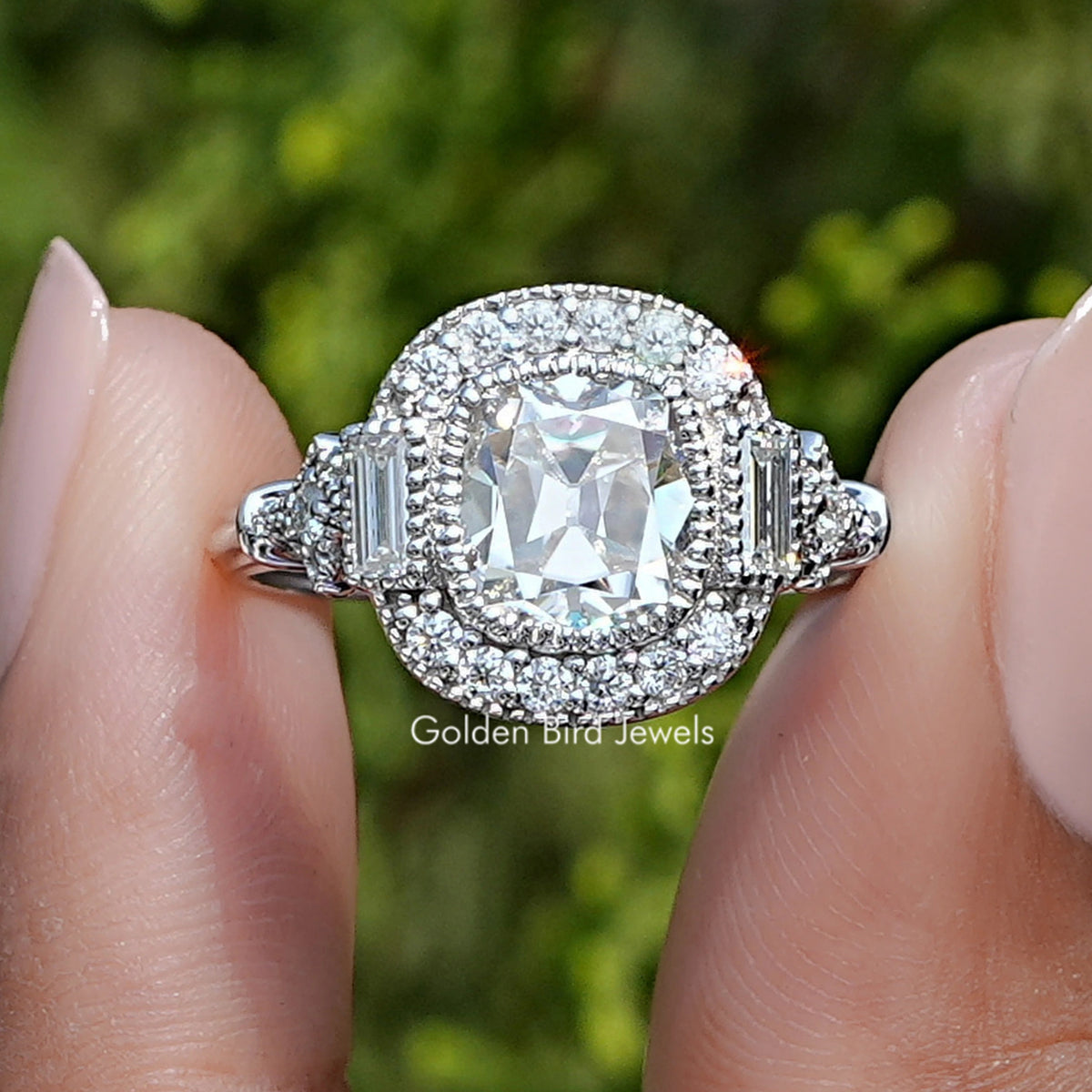Front view of Old Mine Cushion Cut Moissanite Halo Accent Ring