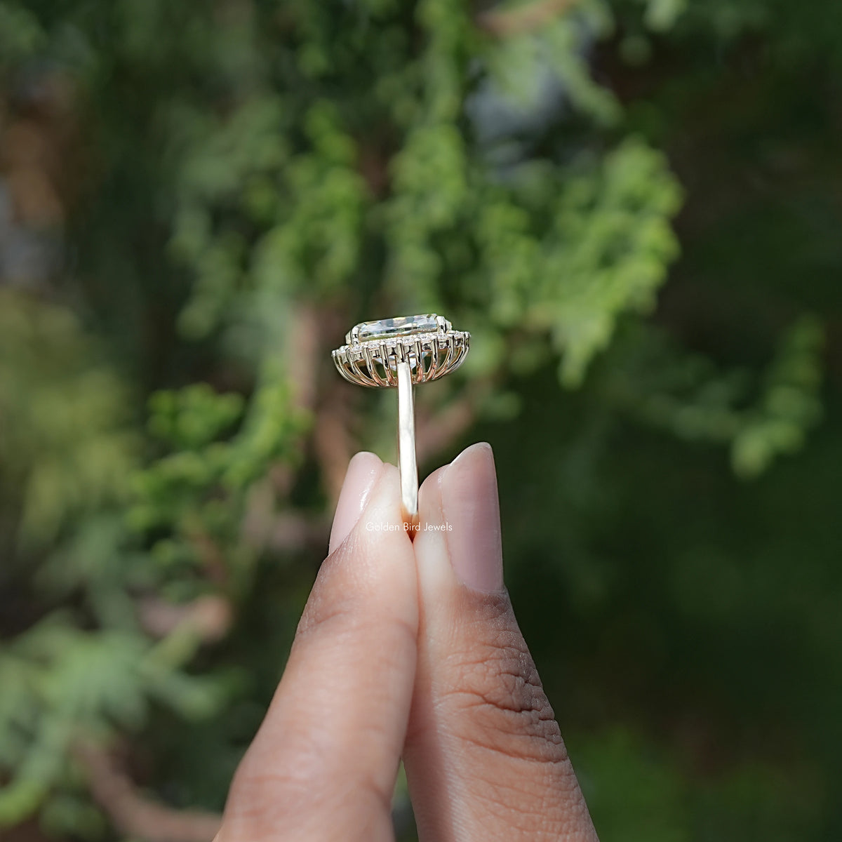 Side View of Old Mine Cushion Cut Moissanite Halo Ring