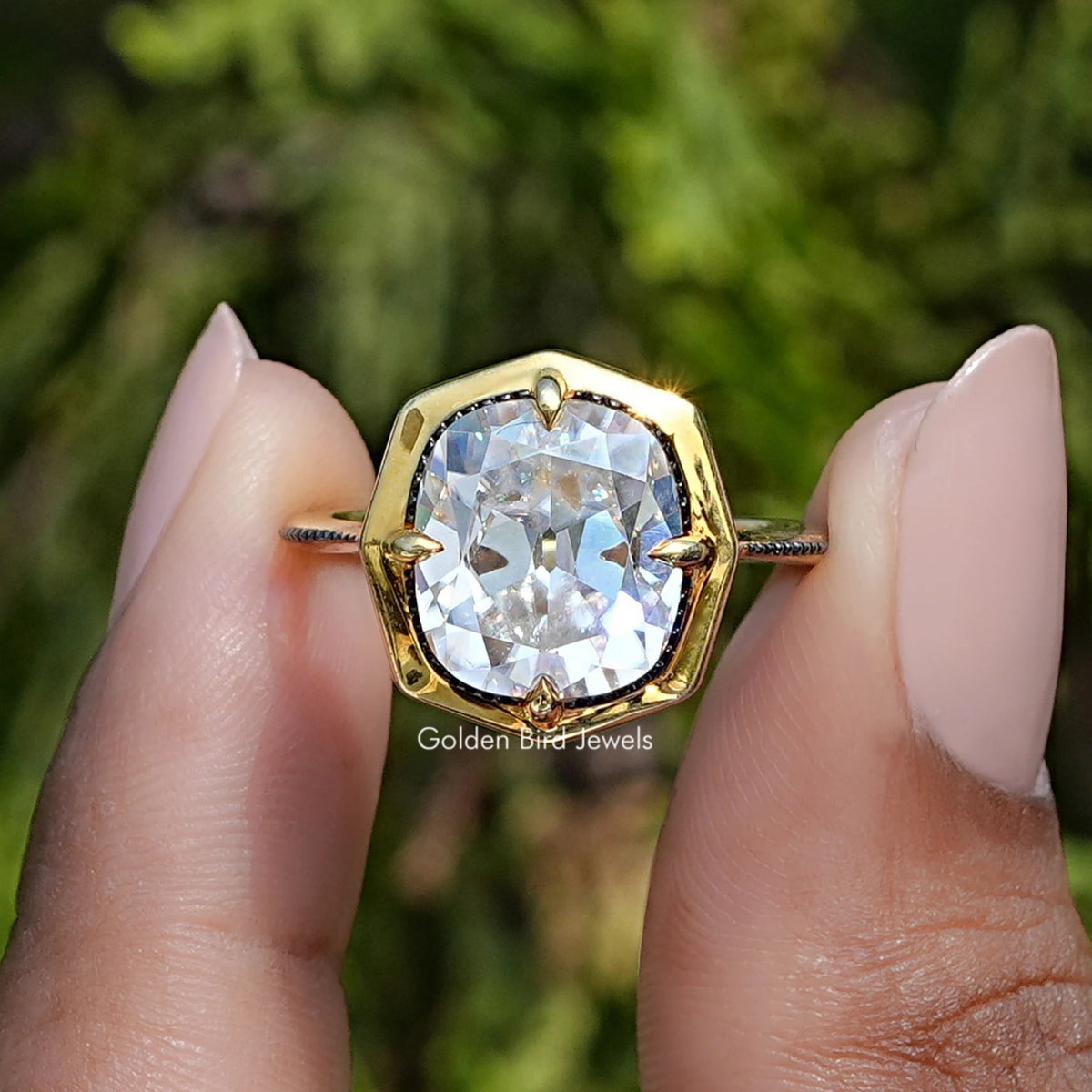 View of old mine cushion cut moissanite Wedding Ring