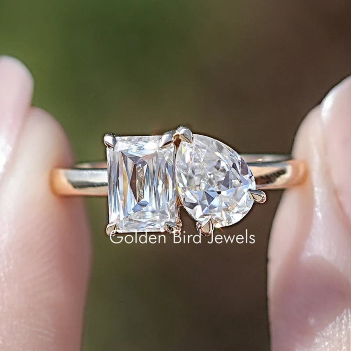 Old Mine Pear and Criss Cut Moissanite Toi Et Moi Ring