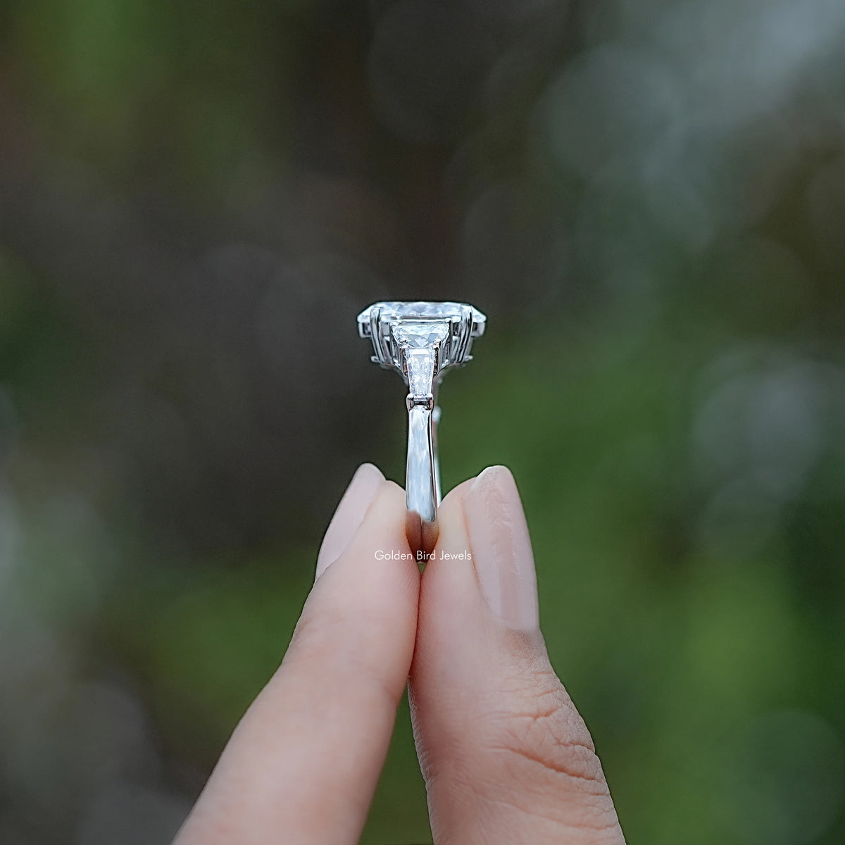 Side View of Oval And Half Moon Diamond Five Stone Ring