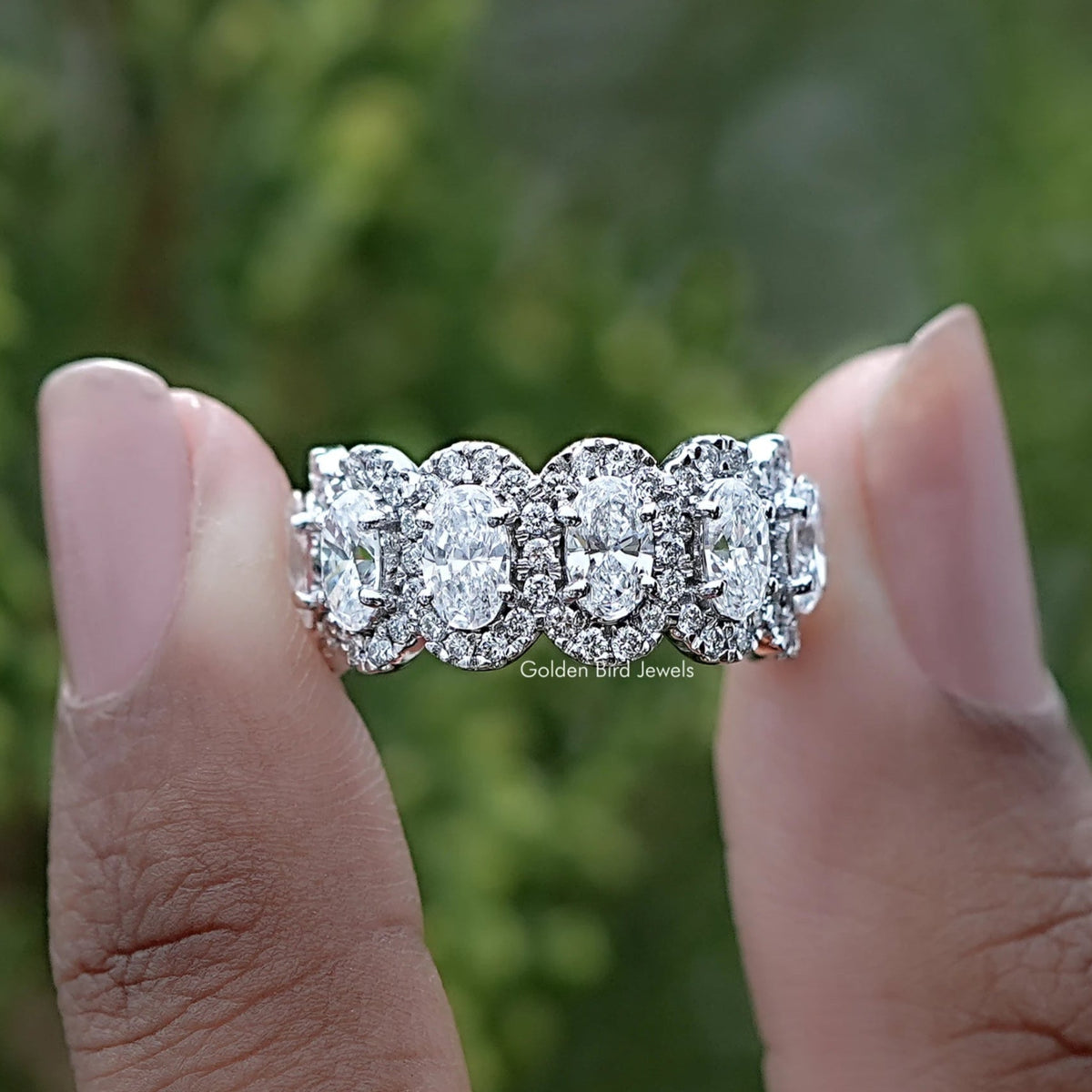 Oval Cut Lab Diamond Seven Stone Band In Two Fingers