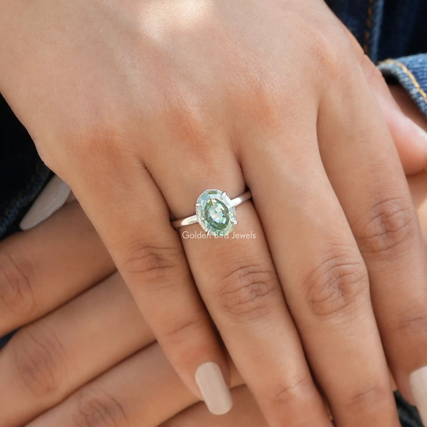 View of Oval Cut Hidden Halo Moissanite Ring In White Gold