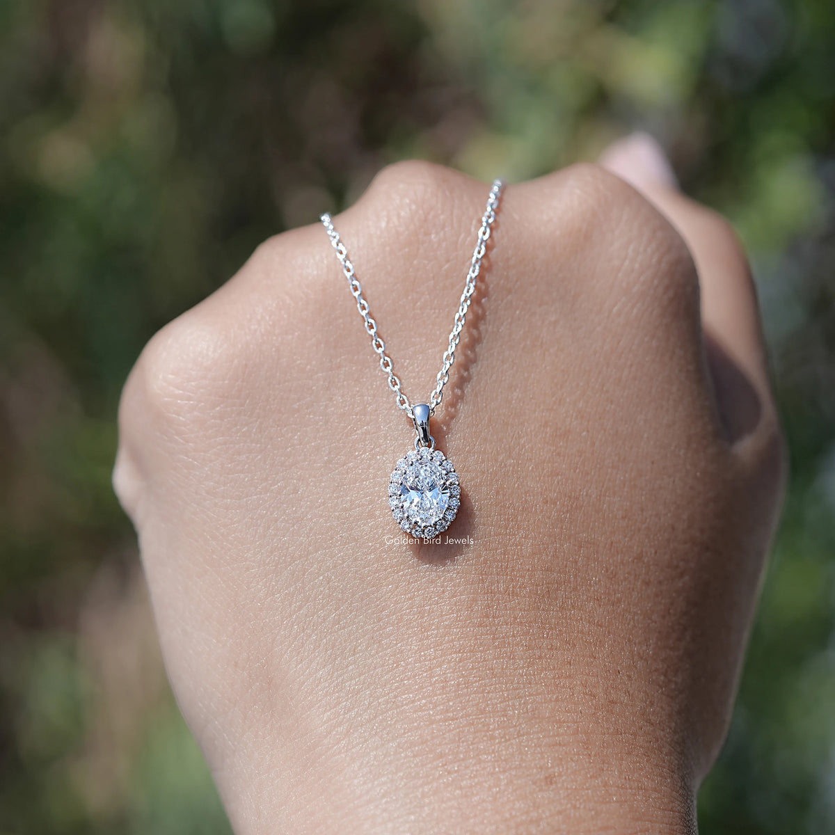 Front View of Oval Lab Diamond Halo Pendant Necklace