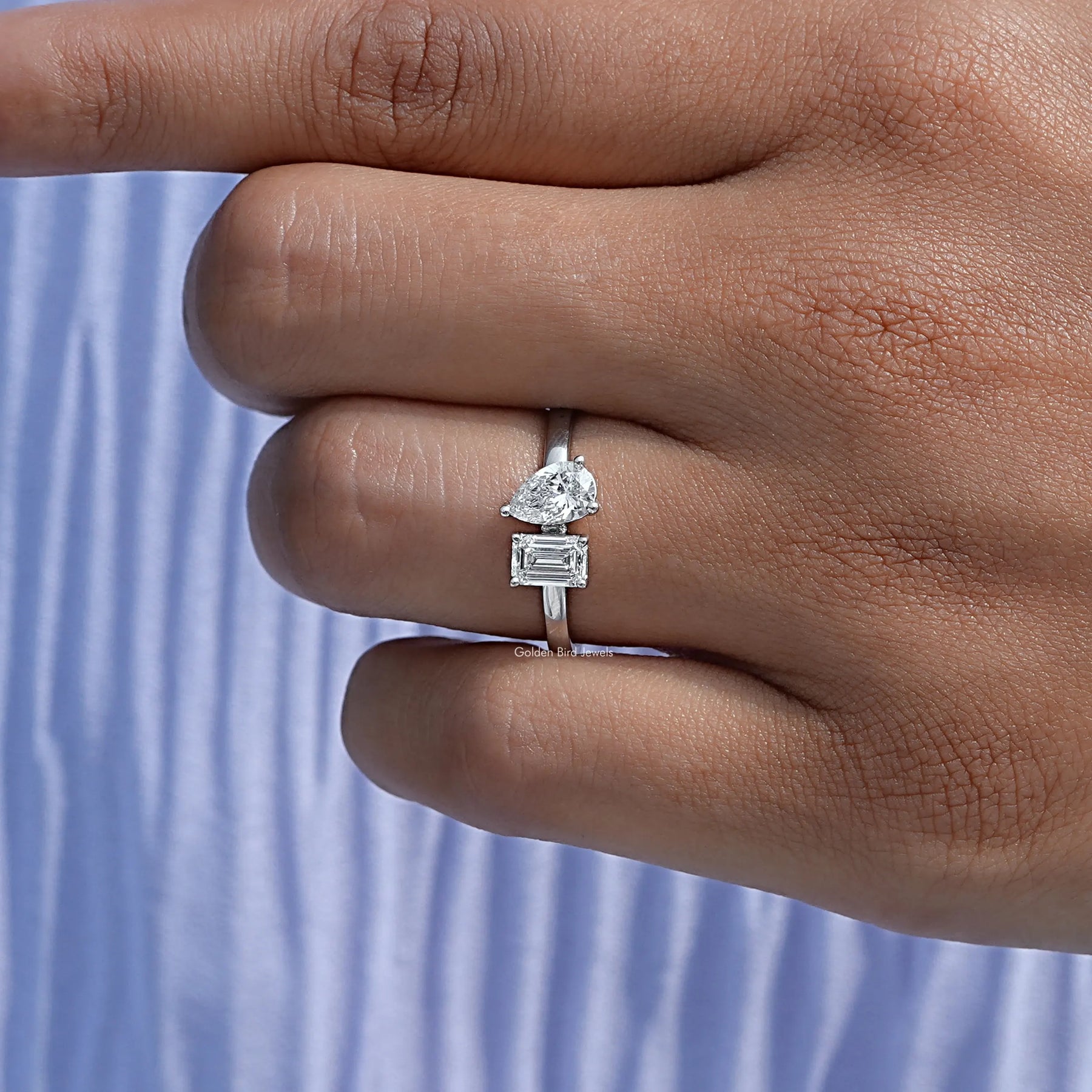 Close-Up View of Pear And Emerald Cut Lab Diamond Toi Et Moi Ring In White Gold