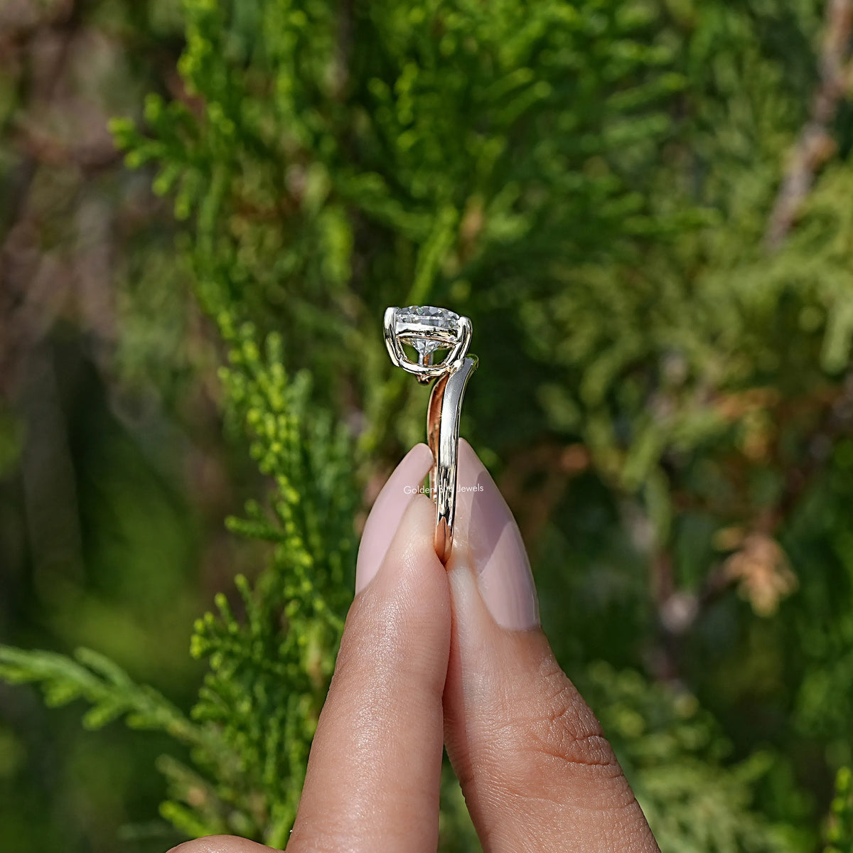 Side View of Pear Lab Diamond Curved Solitaire Ring