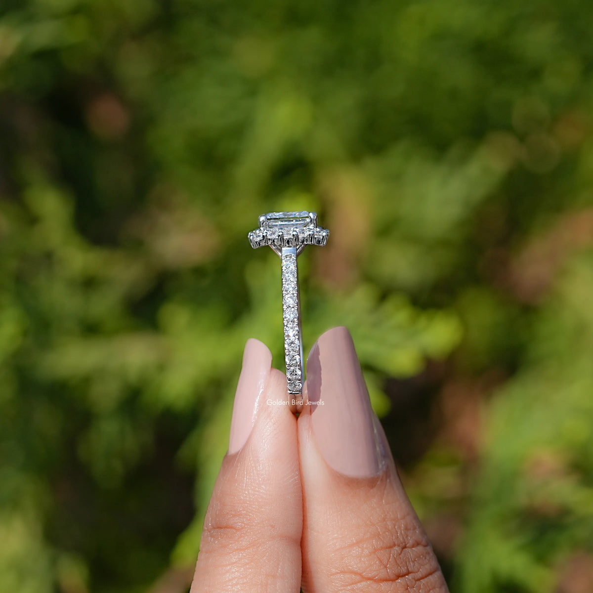 Side View of Princess Cut Lab Diamond Halo Accent Ring