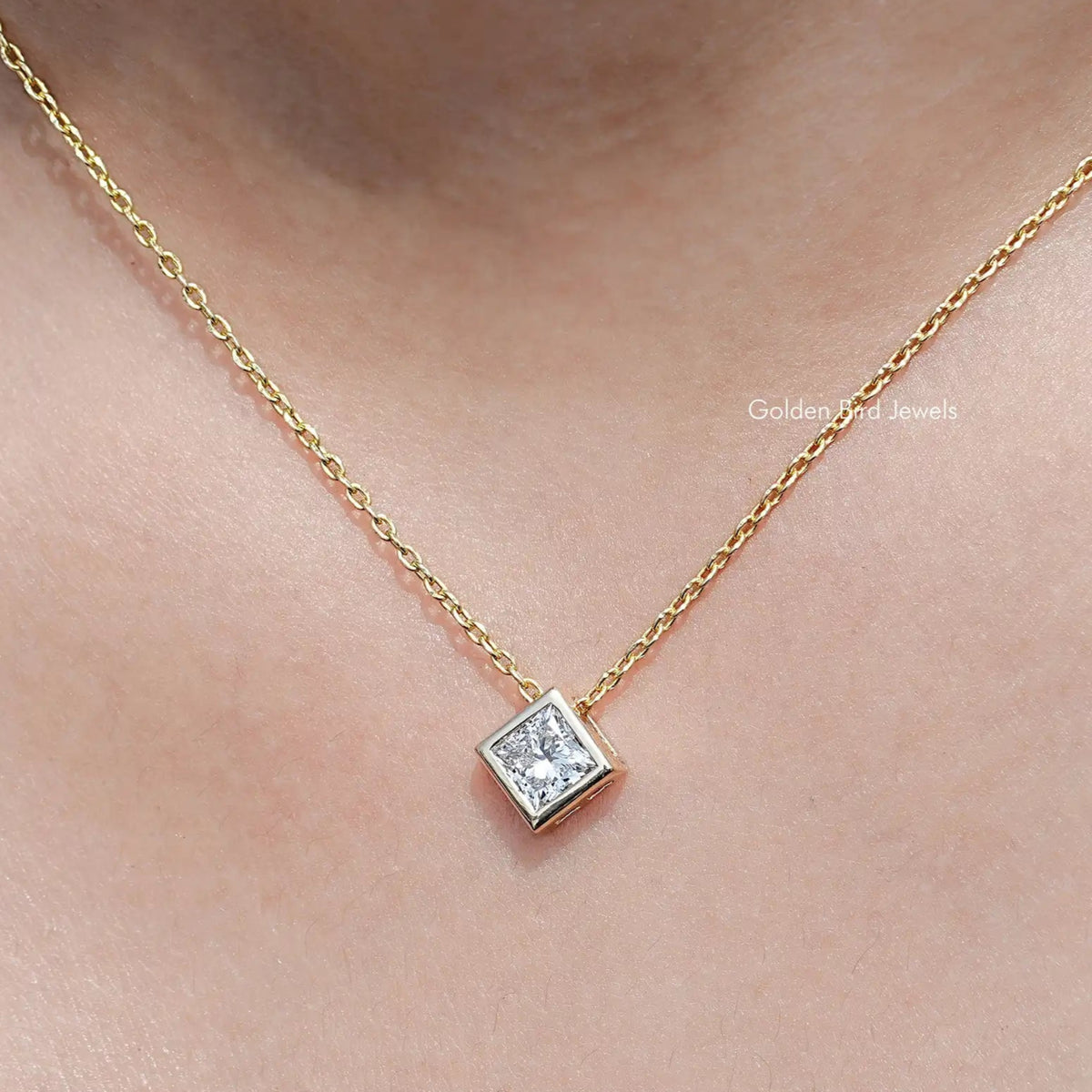 Princess Lab Diamond Bezel Set Solitaire Pendant