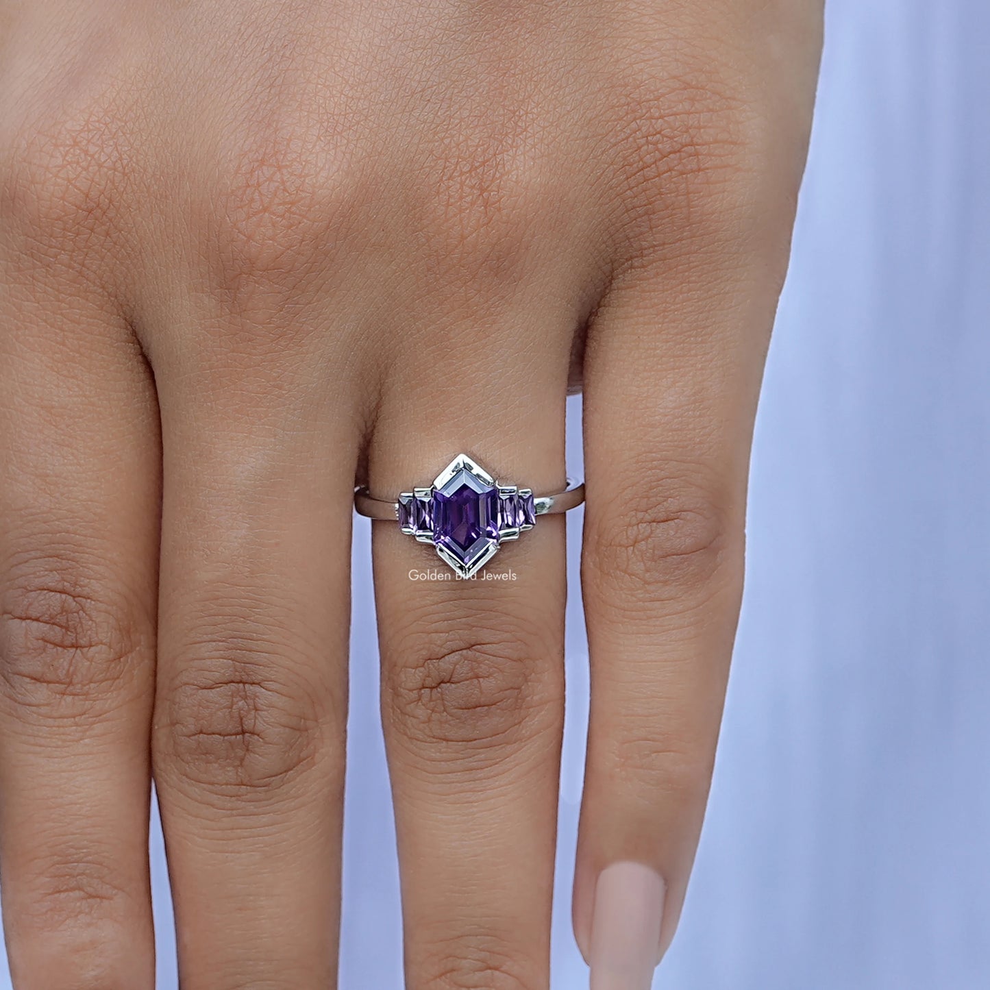 Close-Up View of Amethyst Hexagon Gemstone Five Stone Ring In White Gold