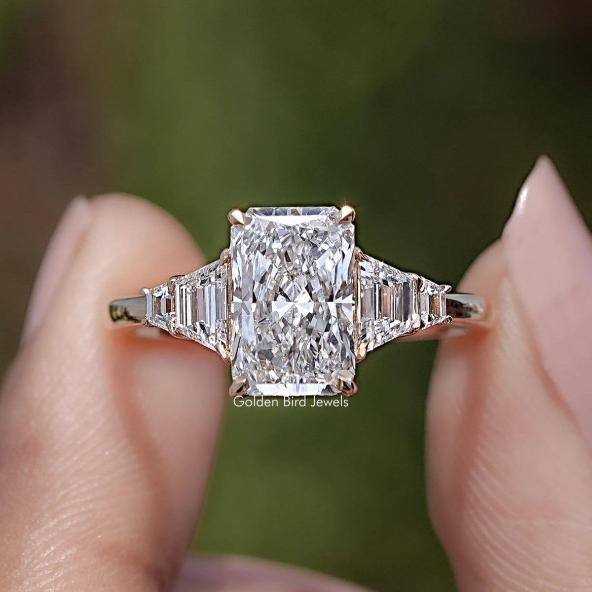 Radiant And Step Cut Trapezoid Lab Diamond Ring in Two Fingers