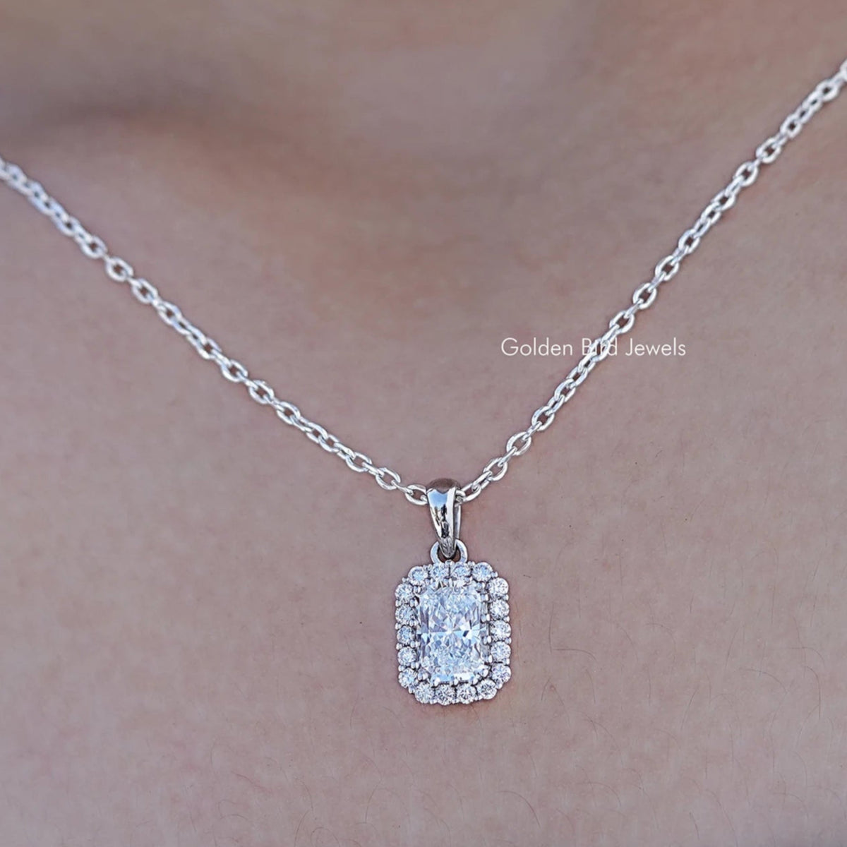Close up view of Radiant Cut Lab Diamond Halo Pendant