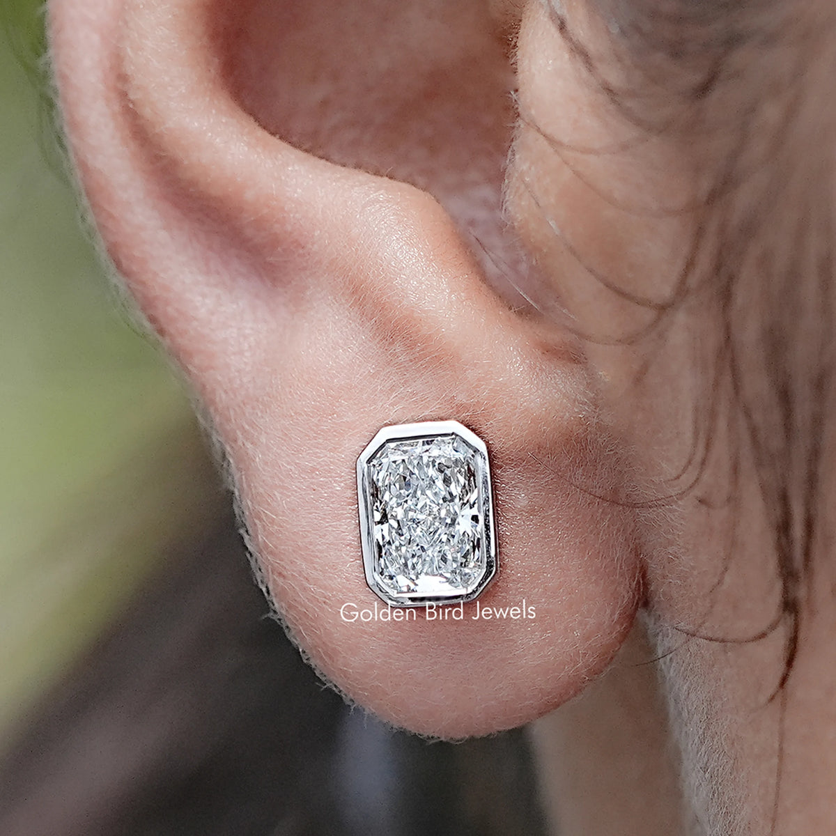 Close up view of Radiant Cut Lab Grown Diamond Stud Earrings