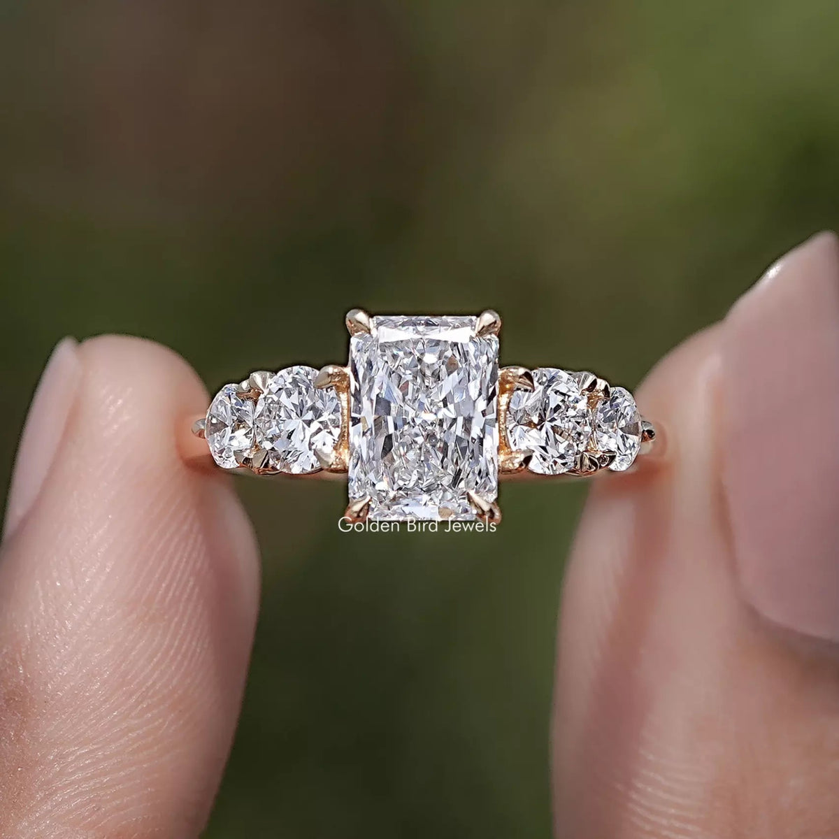 Radiant Lab Diamond Five Stone Engagement Ring in Two Fingers