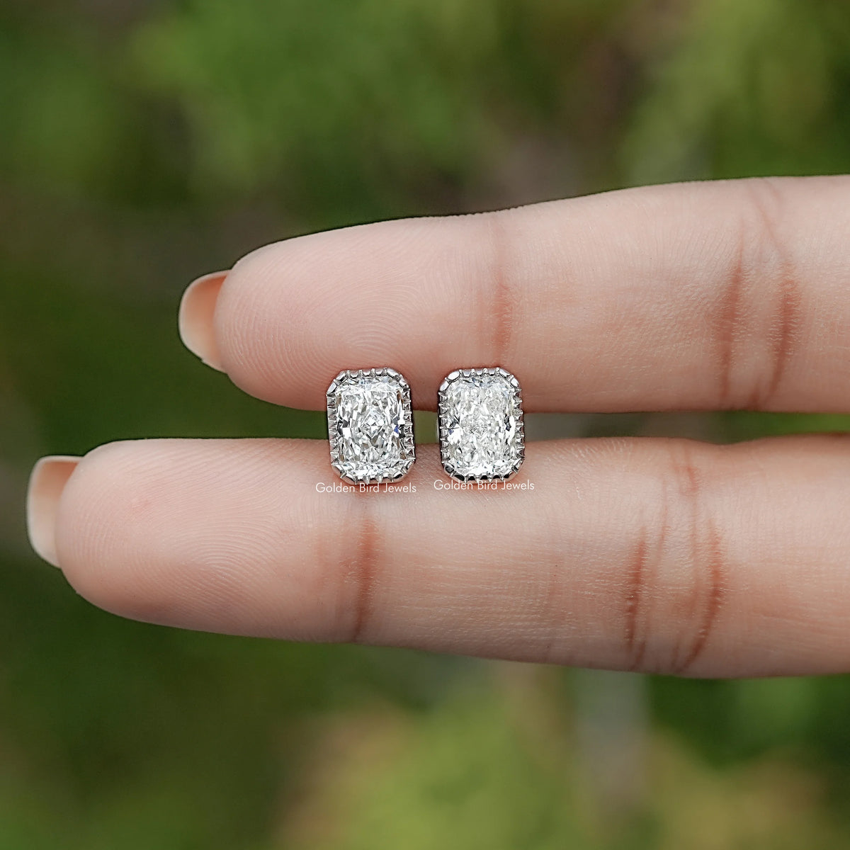 Radiant Lab Diamond Milgrain Bezel Stud Earrings