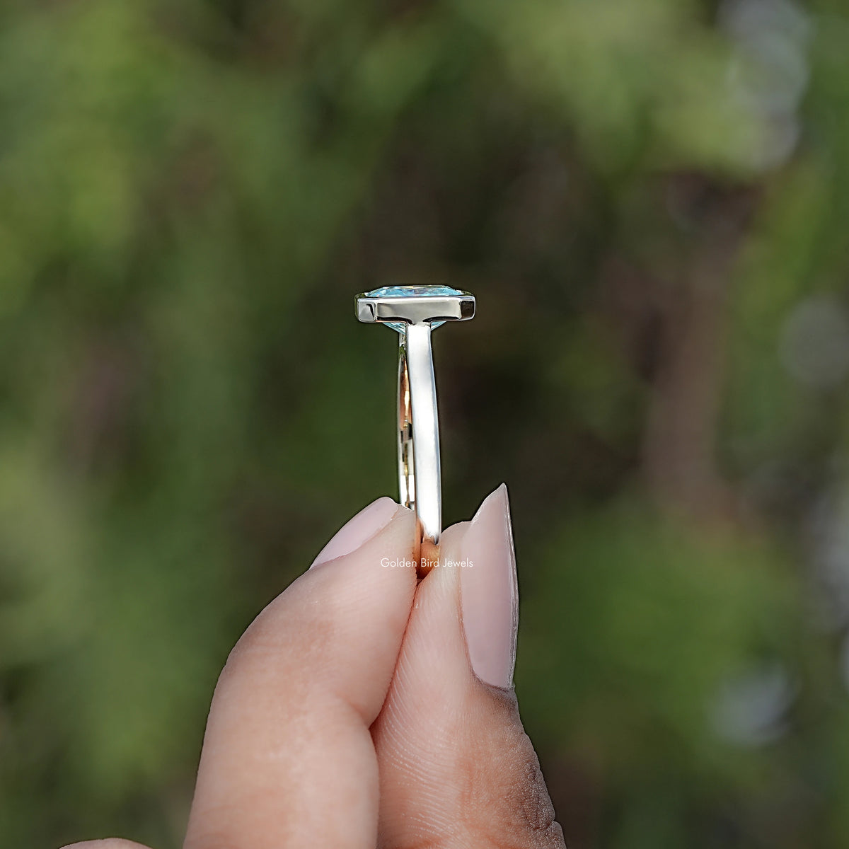 Blue Radiant Moissanite Bezel Set Solitaire Ring