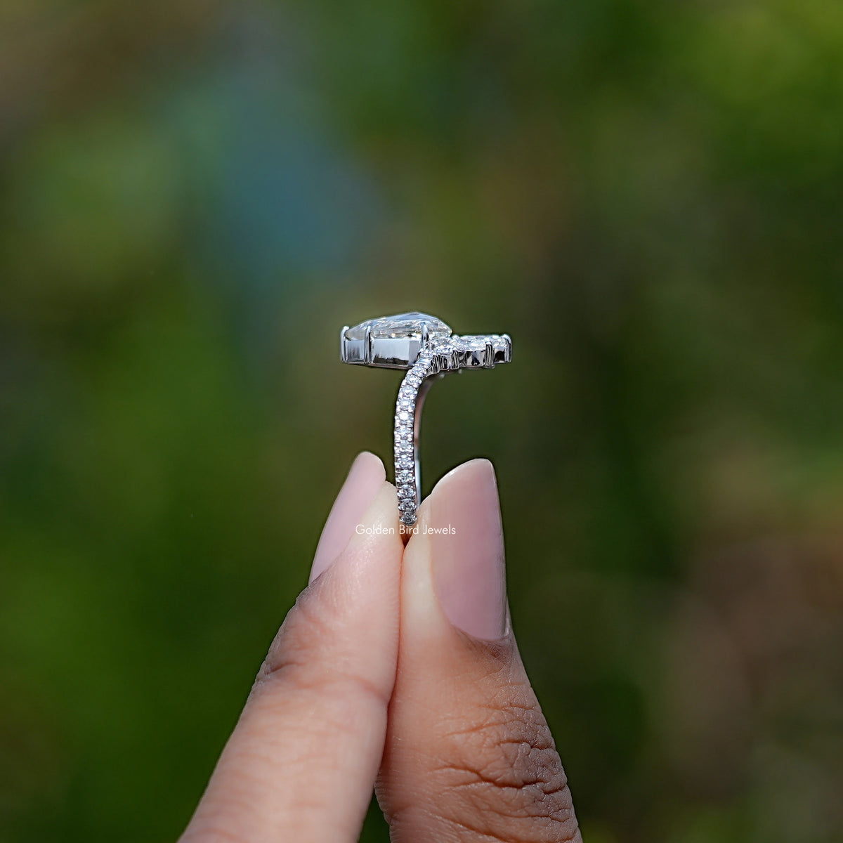 Side View of Engagement ring crafted With Rose Cut Pear