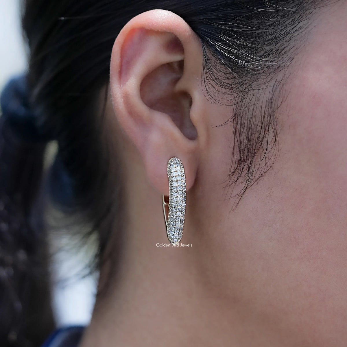 Side View of Round Shape Lab Grown Diamond Pave Hoop Earrings