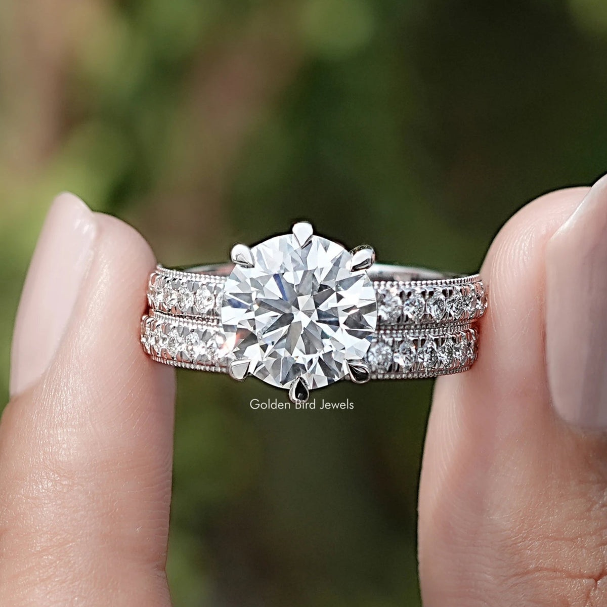 Round Cut Lab Grown Diamond Bridal Ring Set In Two Fingers