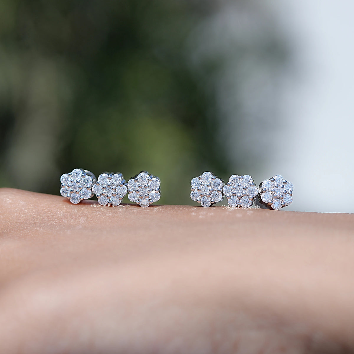 Round Moissanite Flower Style Cluster Earrings