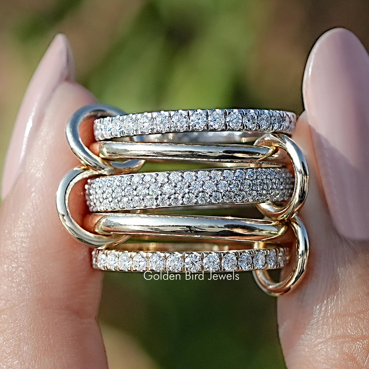 Front view of Round Moissanite Interlinked Pave Eternity Band