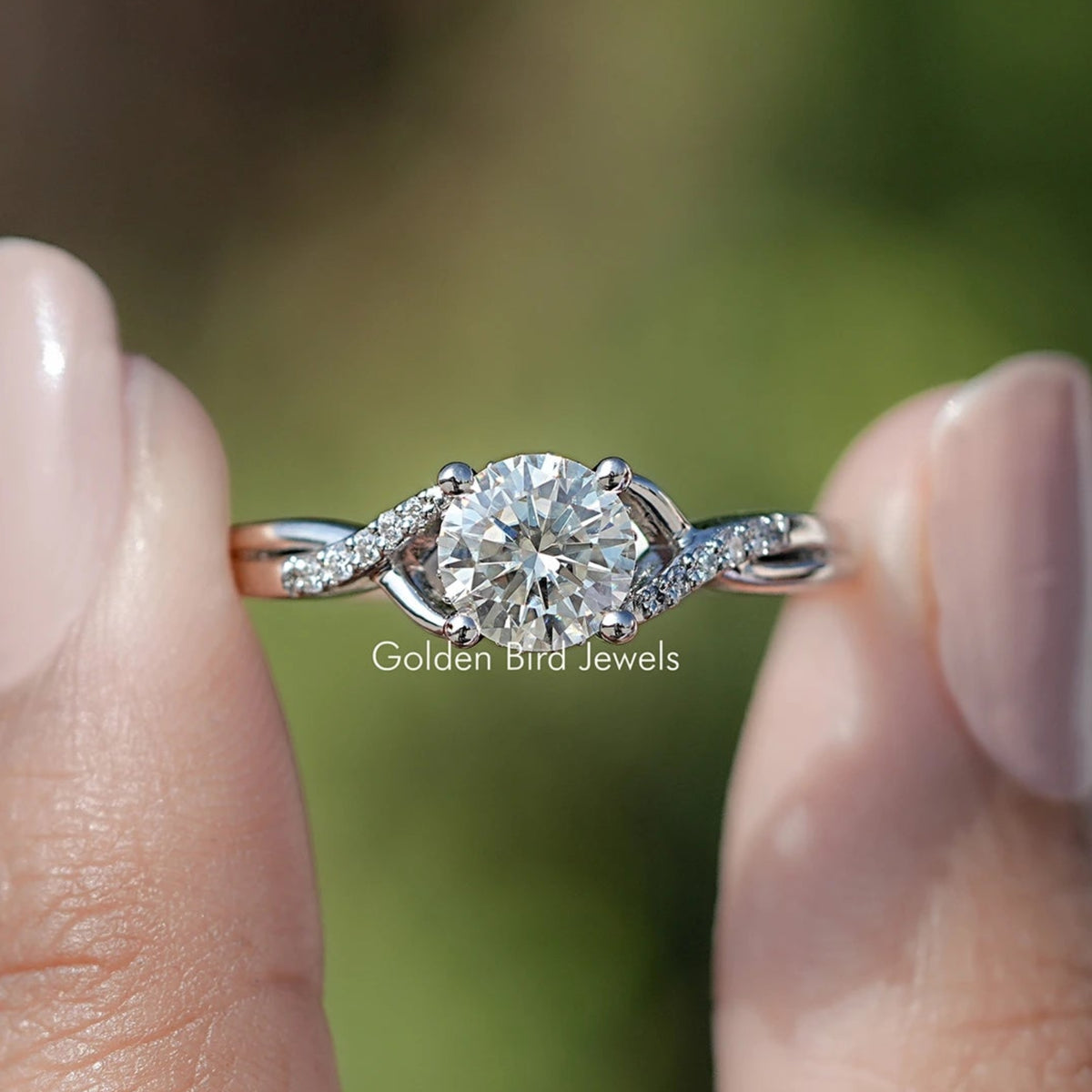 Round Moissanite Criss Cross Accent Engagement Ring