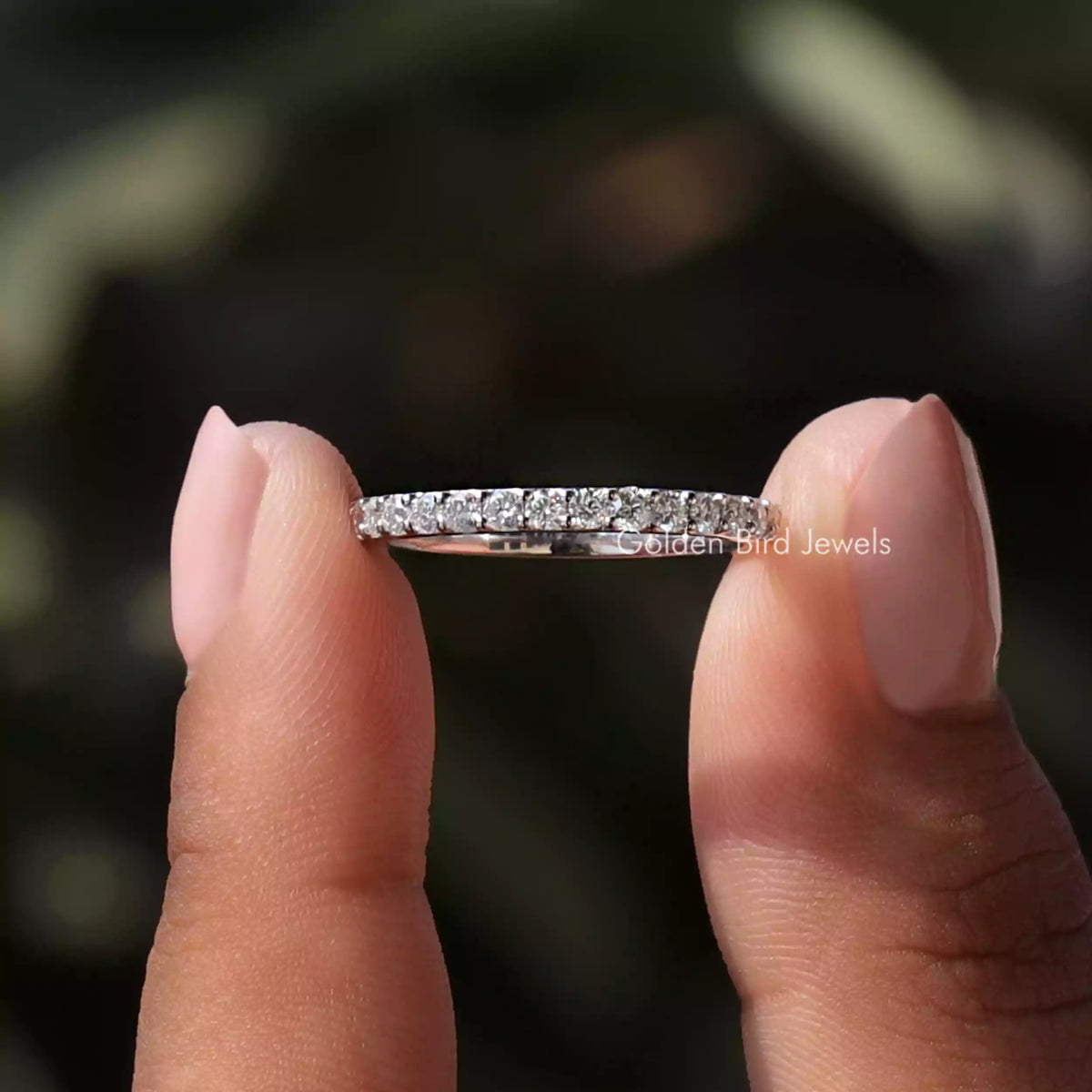 Front view of Round Moissanite Half Eternity Stacking Band