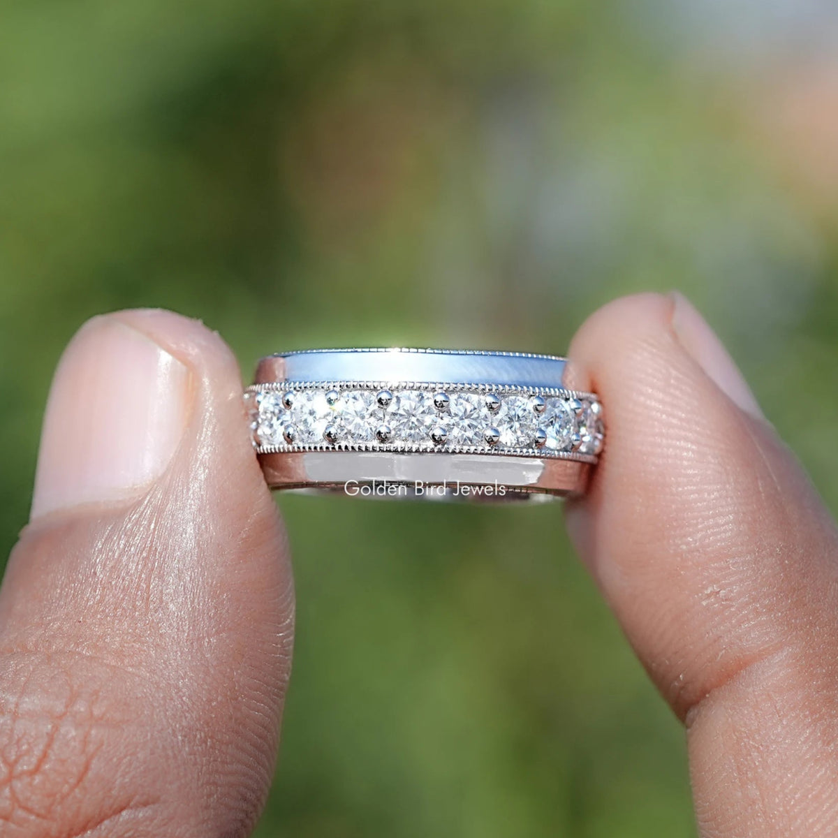 Front view of Round Shaped Moissanite Half Eternity Men's Band