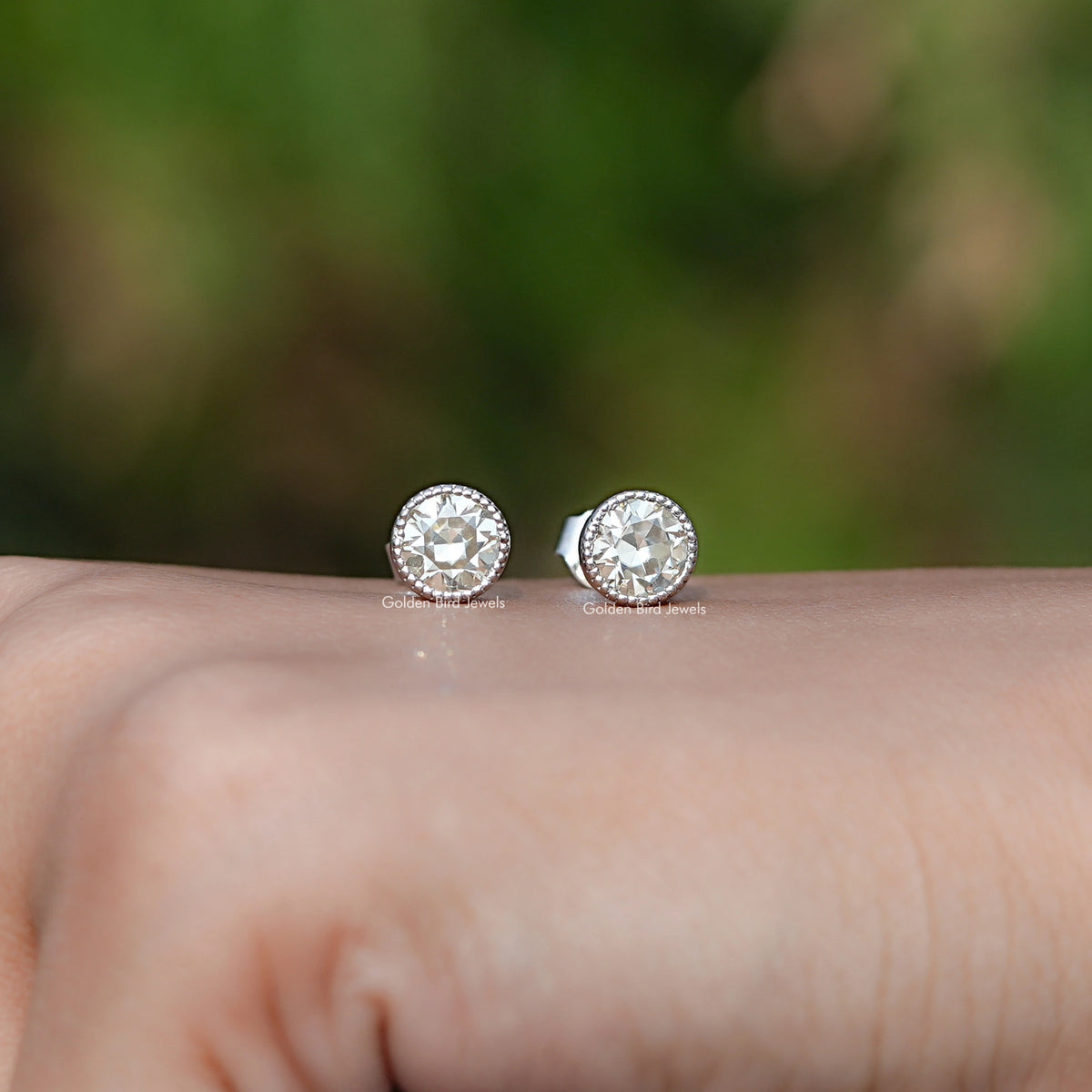 Front view of Old European Round Stud Earrings