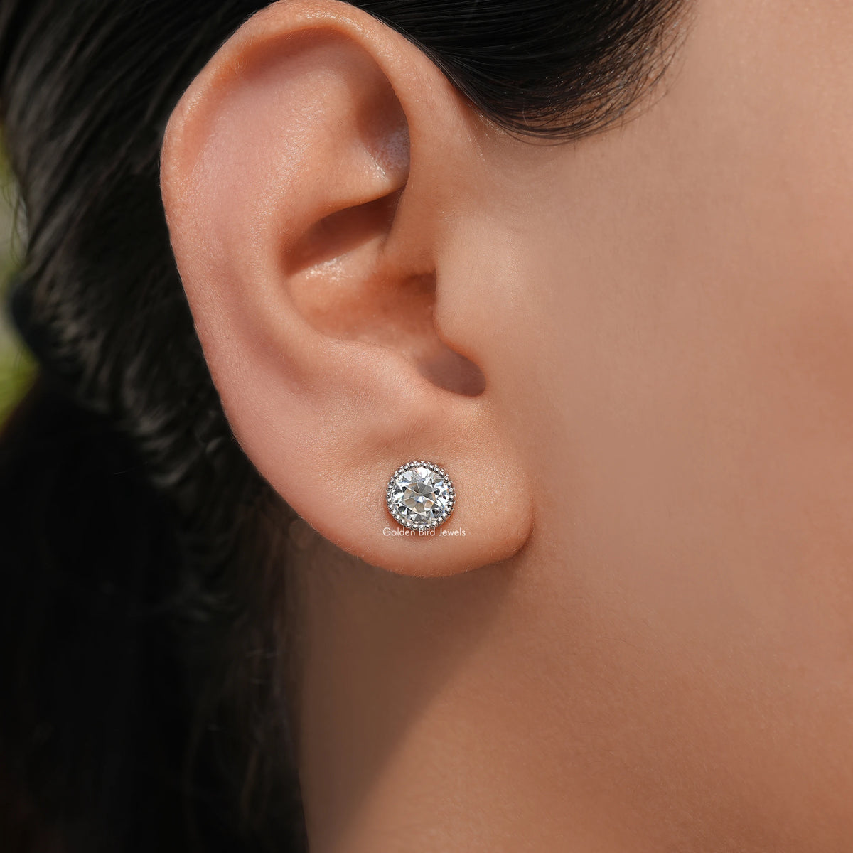 Front view of Milgrain Old European Round Moissanite Stud Earrings