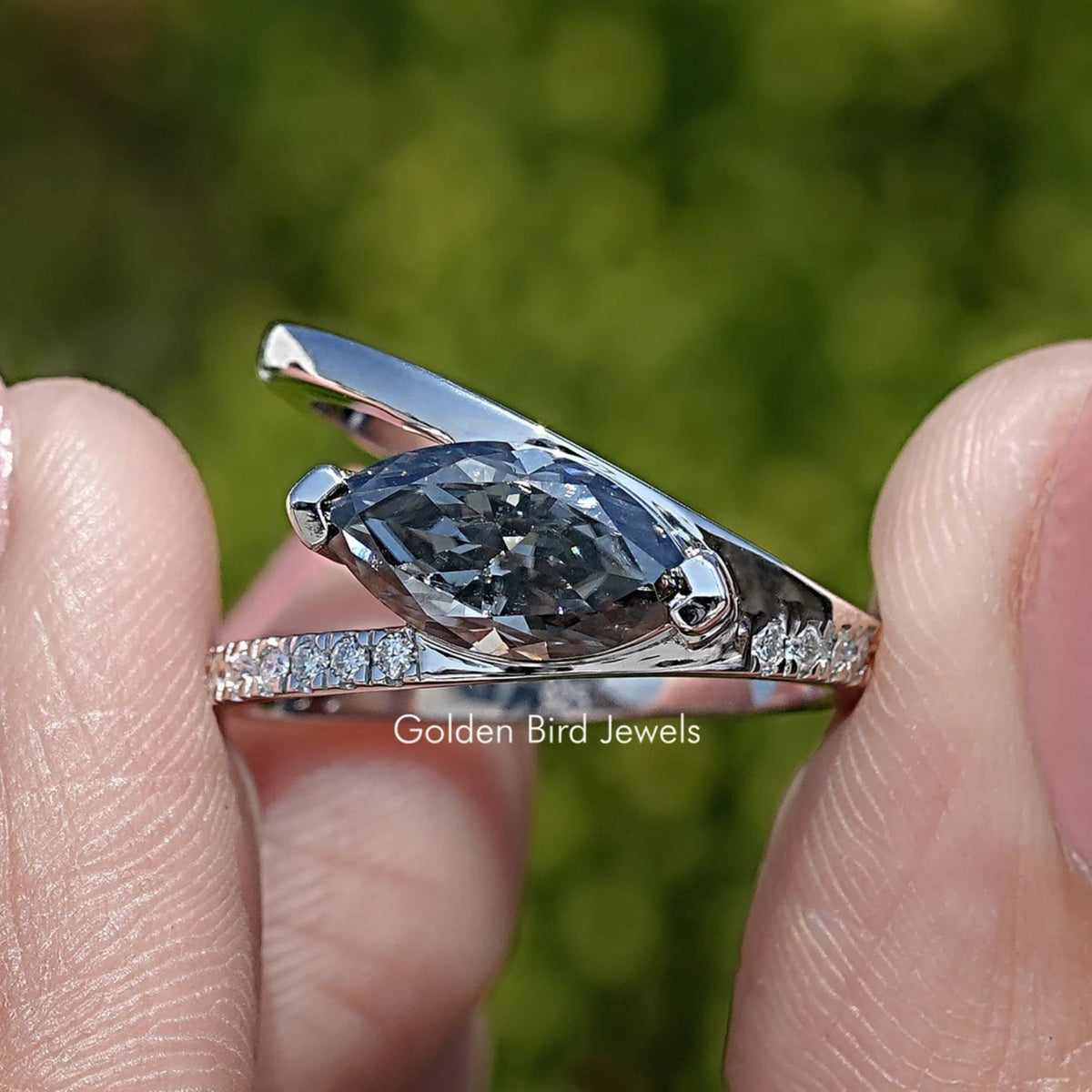 Front View of Split Shank Marquise Cut Moissanite Engagement Ring