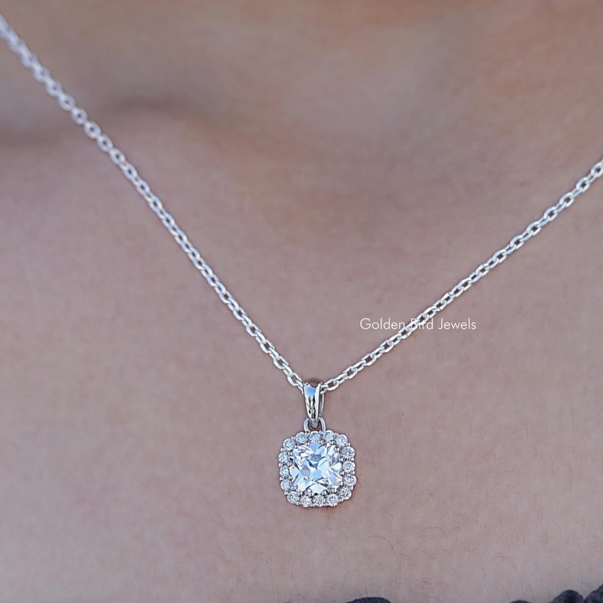 Close up view of Old European Round Lab Diamond Halo Pendant