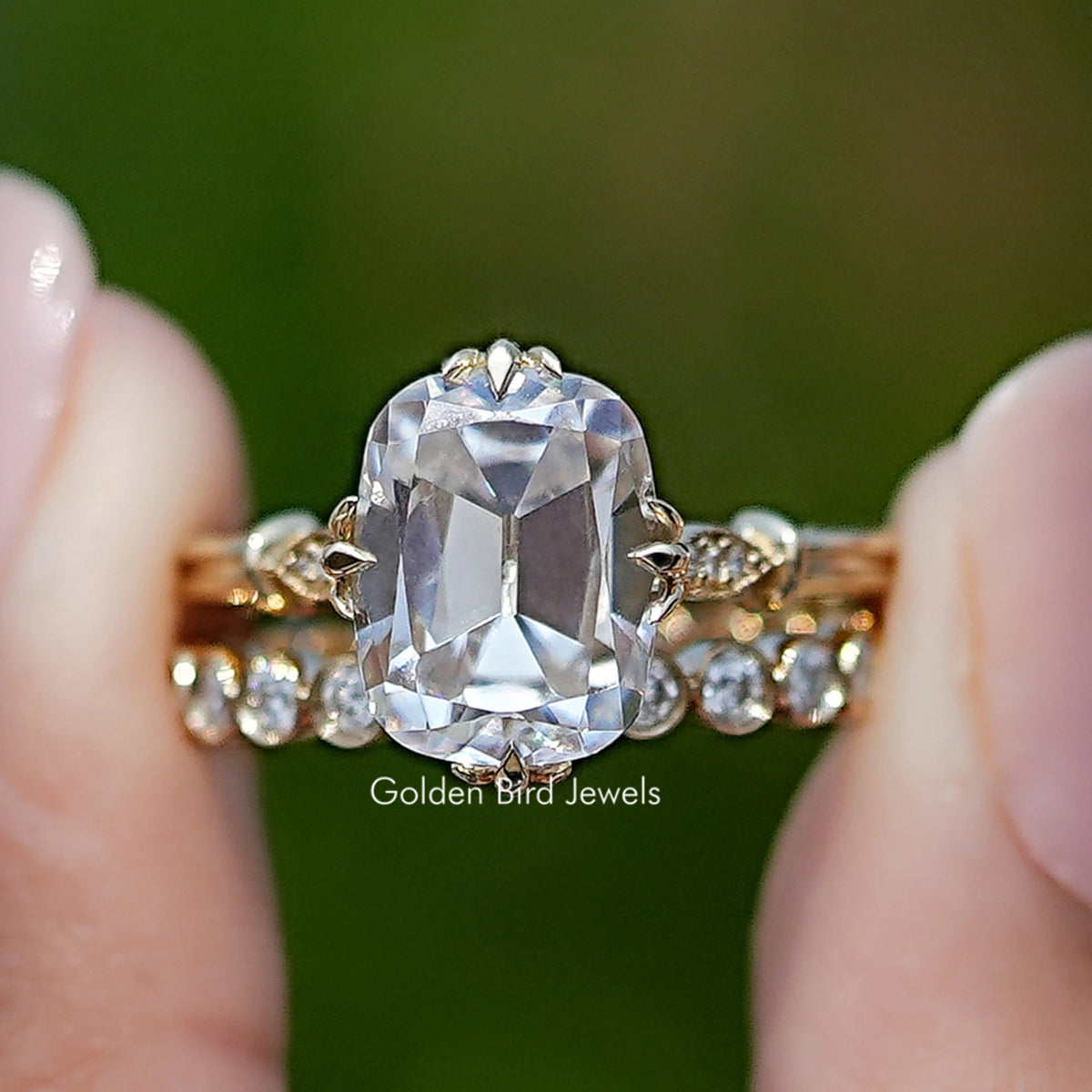Front view of Old Mine Cushion Moissanite Wedding Ring Set