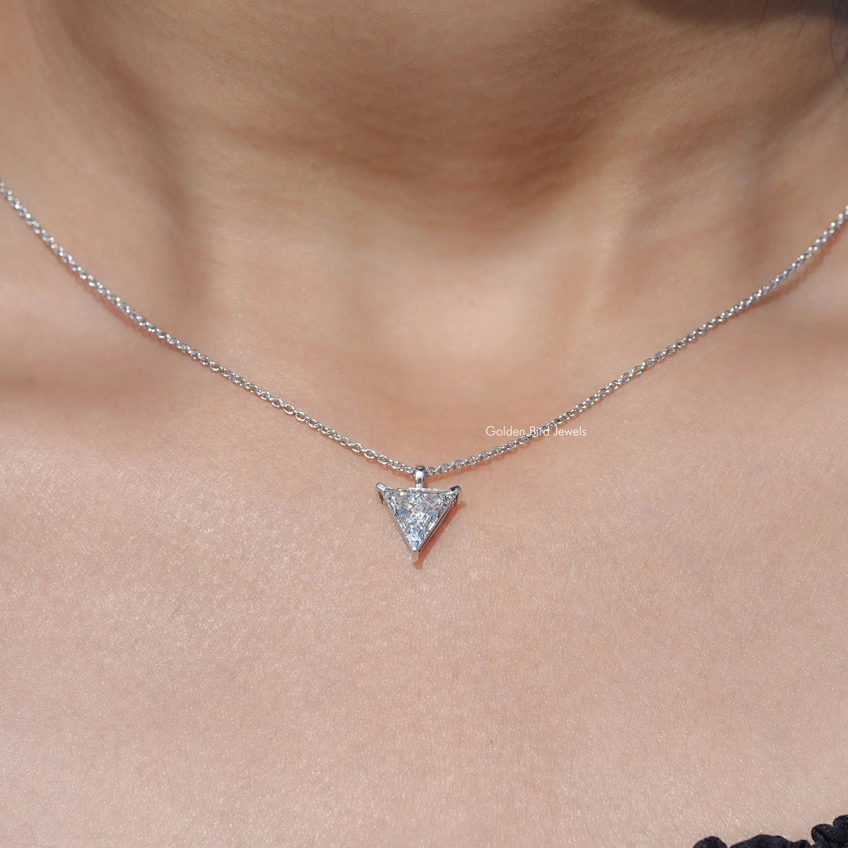 In neck View Of Triangle Cut Lab Diamond Solitaire Necklace