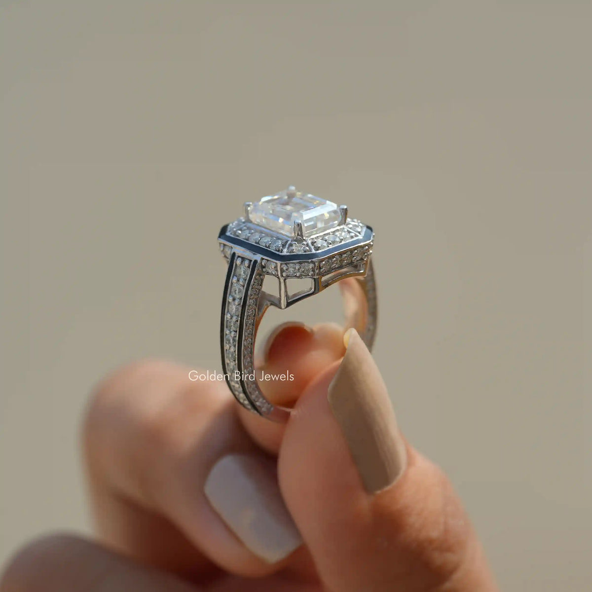 View of Moissanite Emerald Cut Halo Engagement Ring In Finger