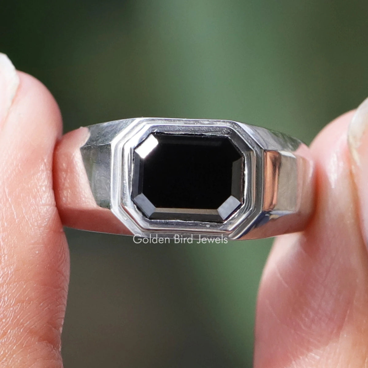 East West Emerald Cut Moissanite Men's Ring in White Gold