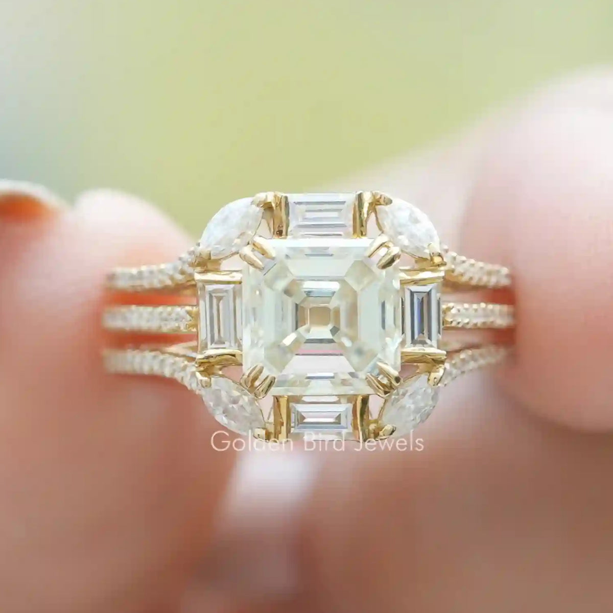 Old Mine Asscher Cut Moissanite Cluster Engagement Ring