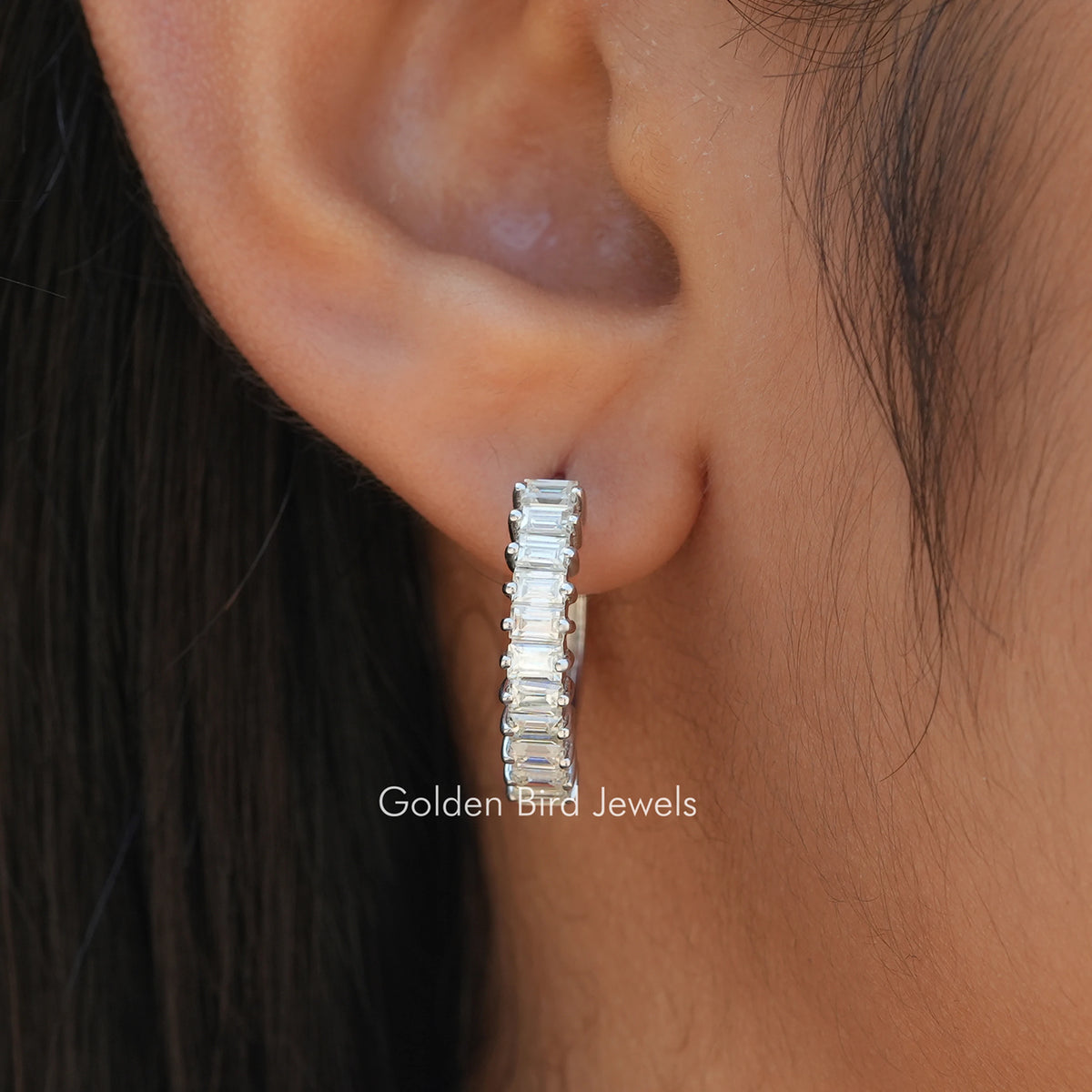 Moissanite Baguette Cut Wedding Huggies Earrings