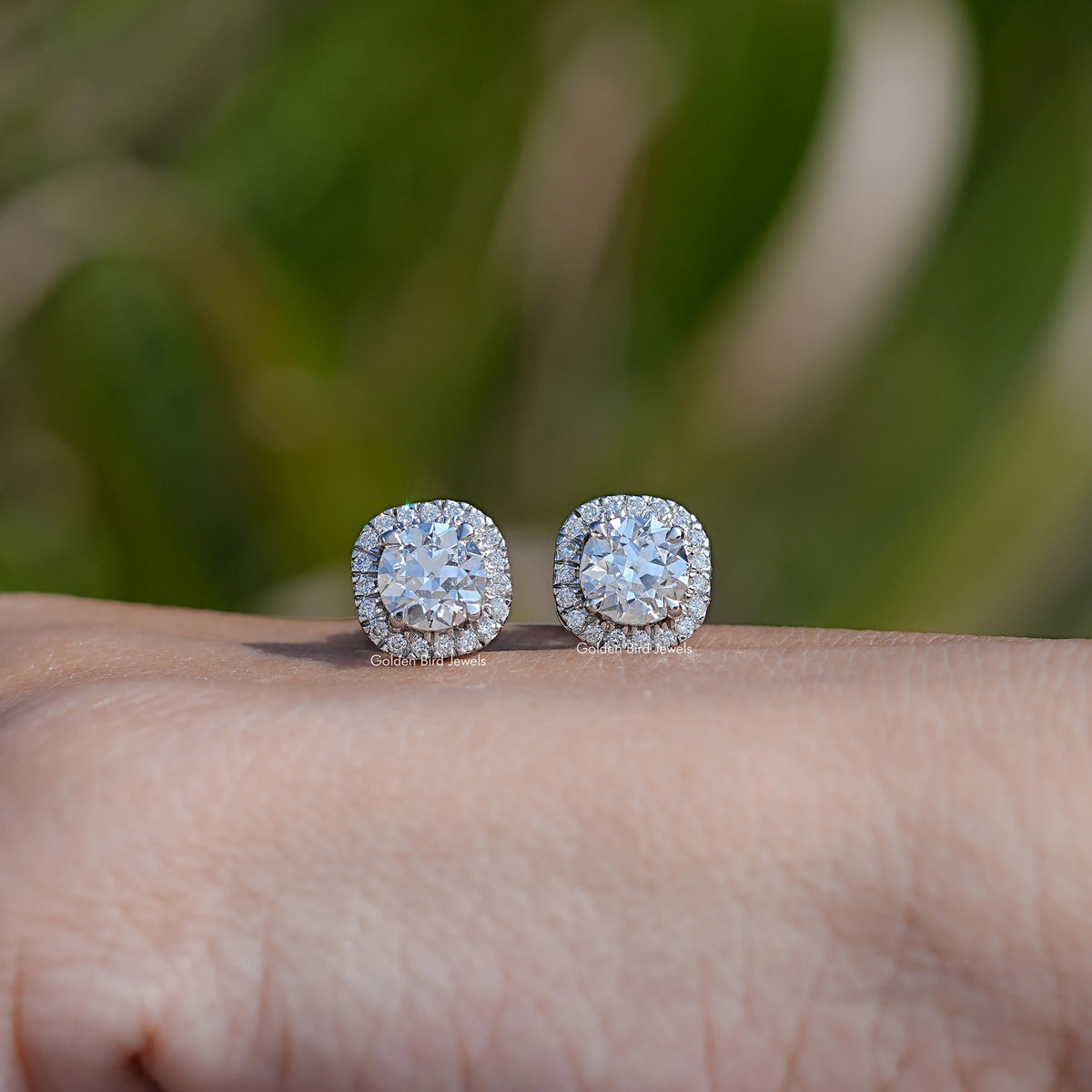 In Hand Front View of Old European Round Cut Halo Stud Earrings In White Gold