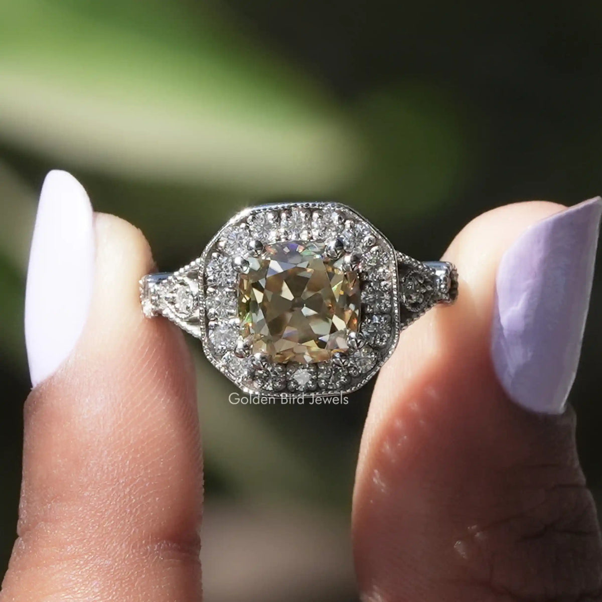 Yellow Old Mine Cushion Moissanite Halo Accent Ring