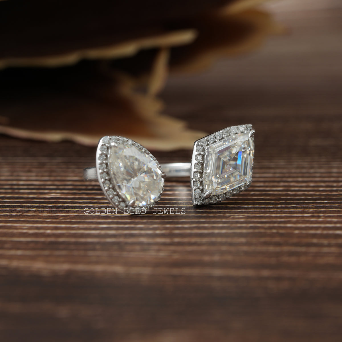 View of Step cut moissanite engagement ring in white gold