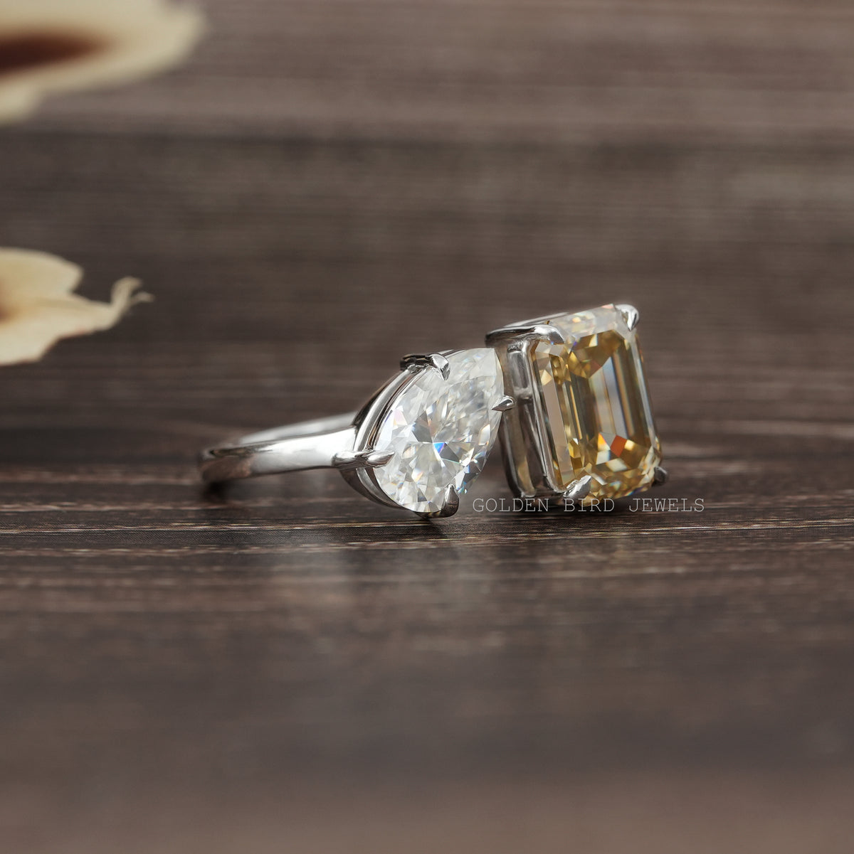 Close-Up View of Emerald Cut Toi Et Moi Moissanite Ring In White Gold