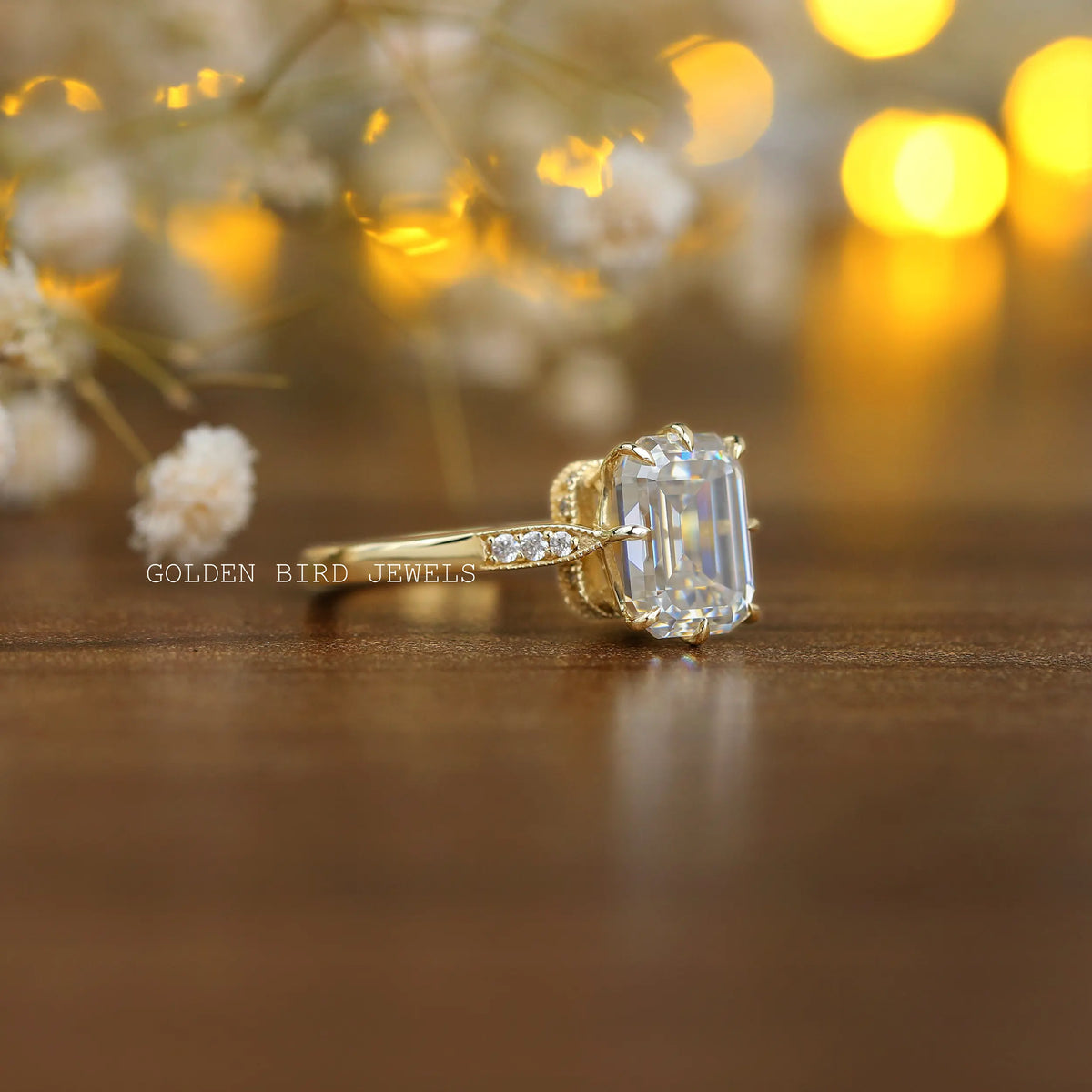 Side View of Emerald Cut Moissanite Hidden Halo Engagement Ring