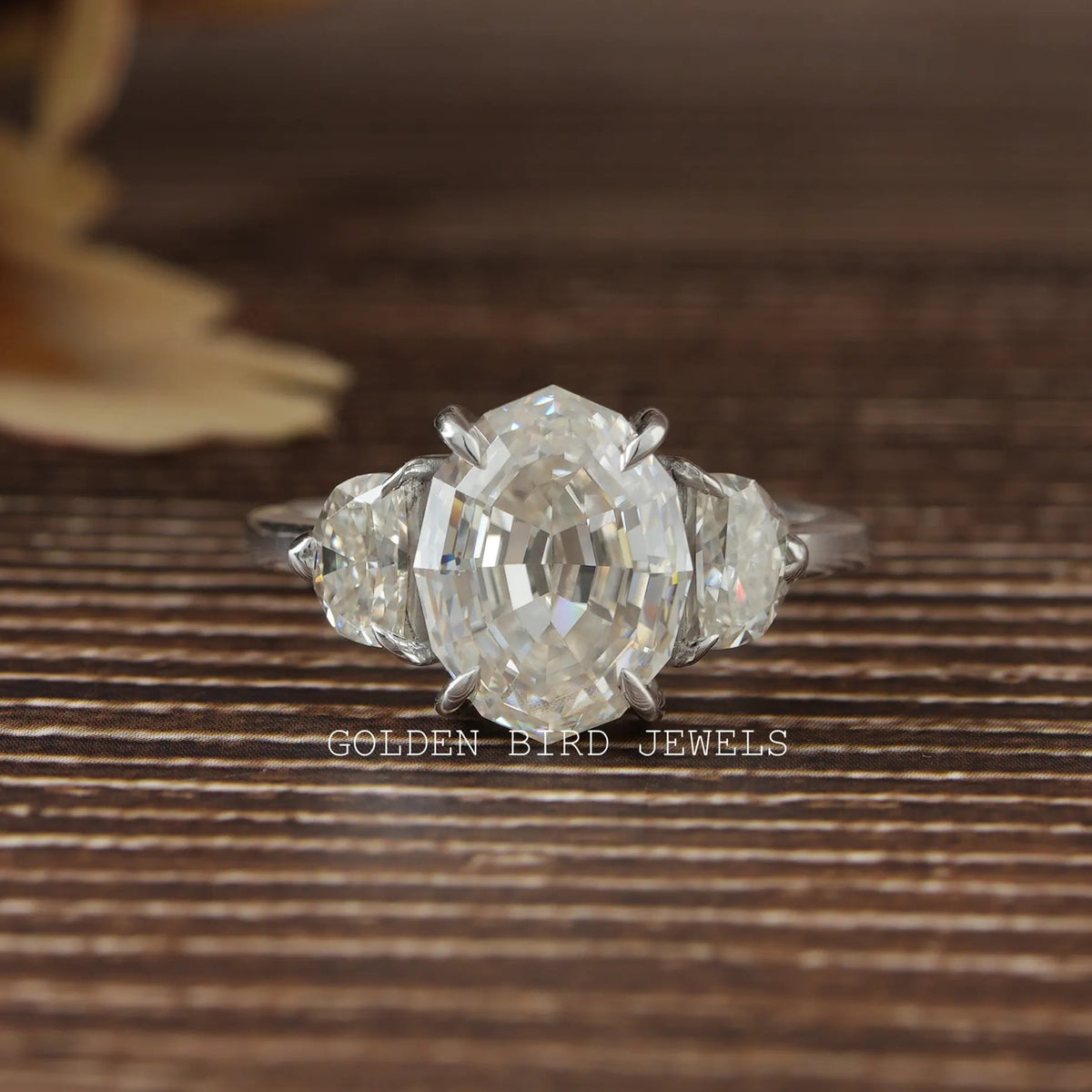 In front view of three stone engagement ring