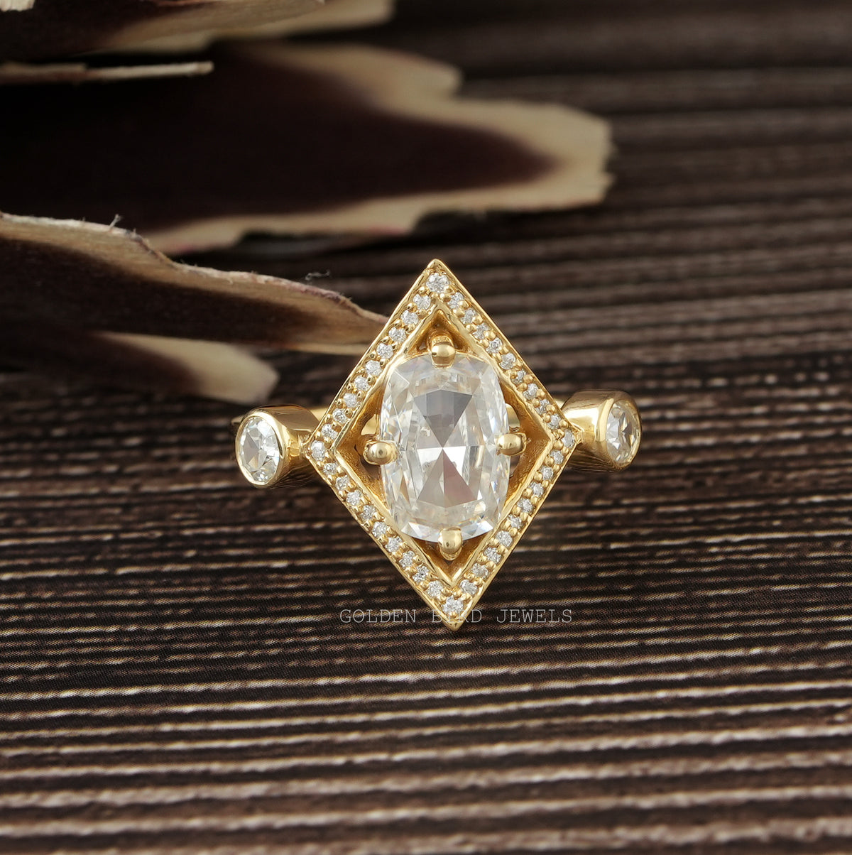 View of Rose Cut Cushion Moissanite Engagement Ring In 14K Yellow Gold