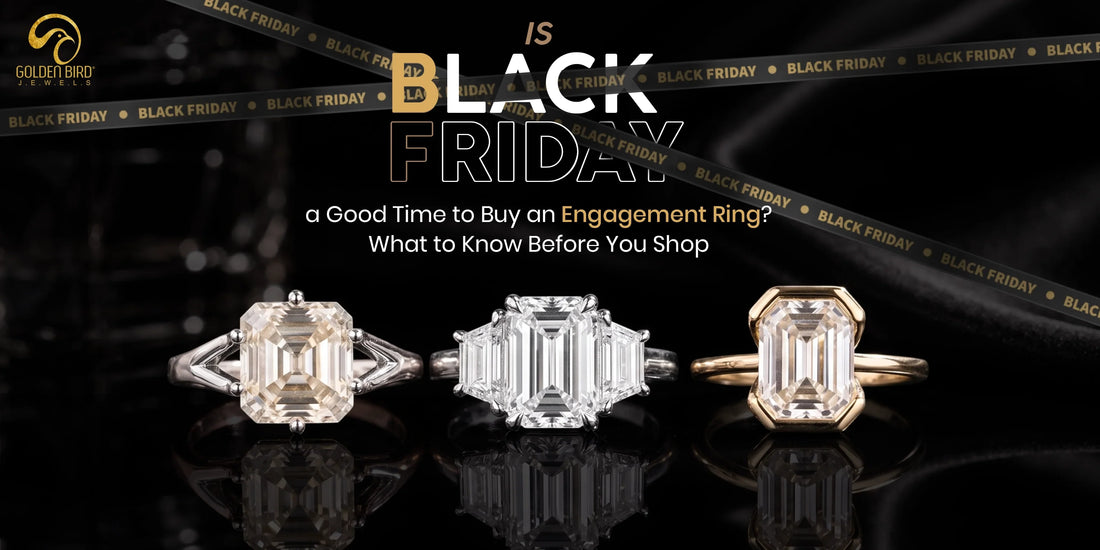 Black Friday shopping guide showcasing emerald-cut engagement rings in white and yellow gold settings