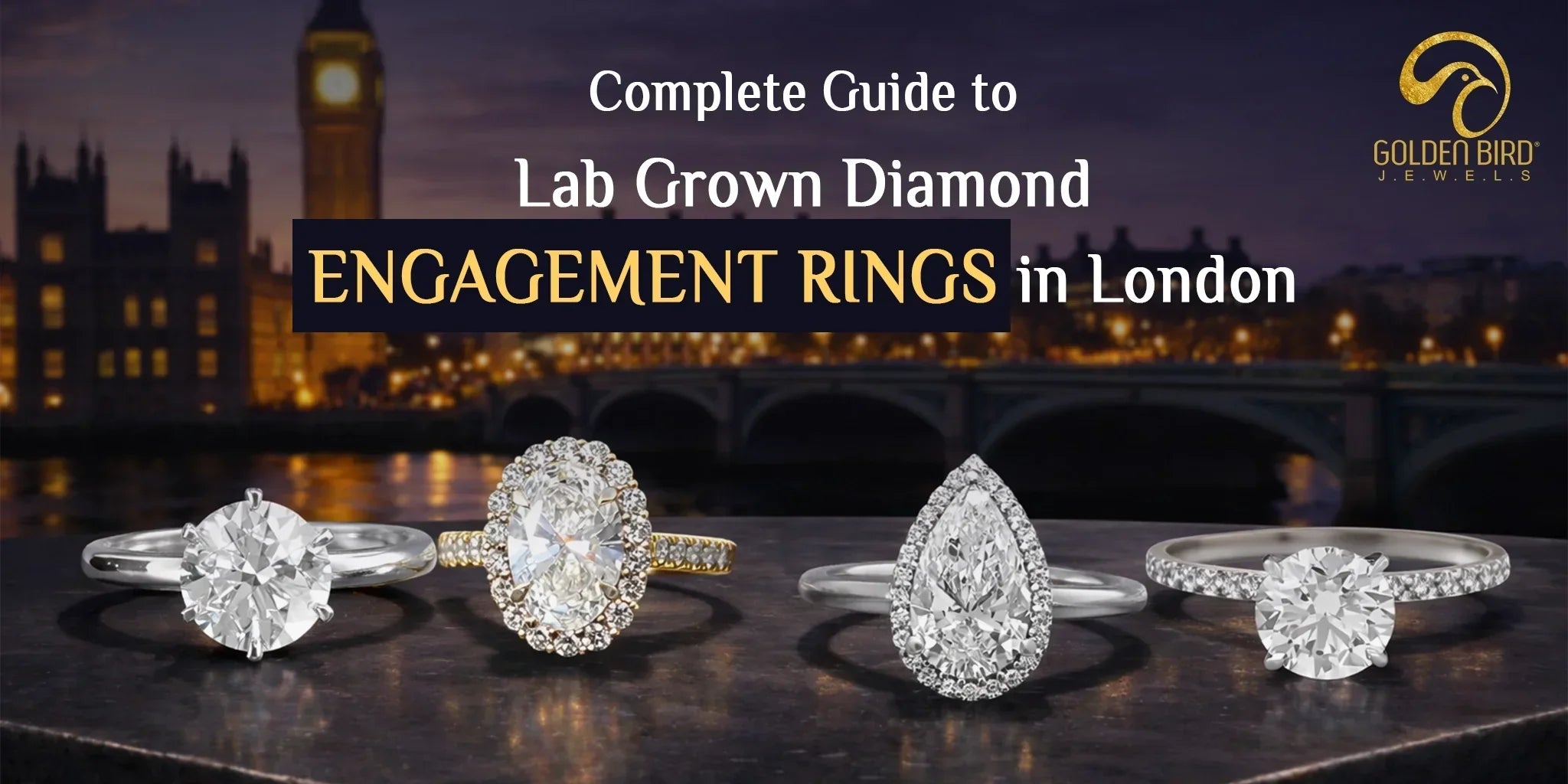 Luxury lab grown diamond engagement rings collection with London skyline background