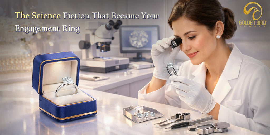 Lab grown diamond engagement ring examined in a gem testing lab