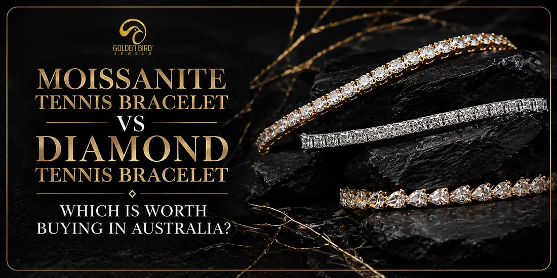 Gold and silver tennis bracelets with sparkling stones showcased on a black stone display