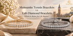 Moissanite tennis bracelets vs lab diamond tennis bracelets showcasing sparkle, setting style and luxury appeal